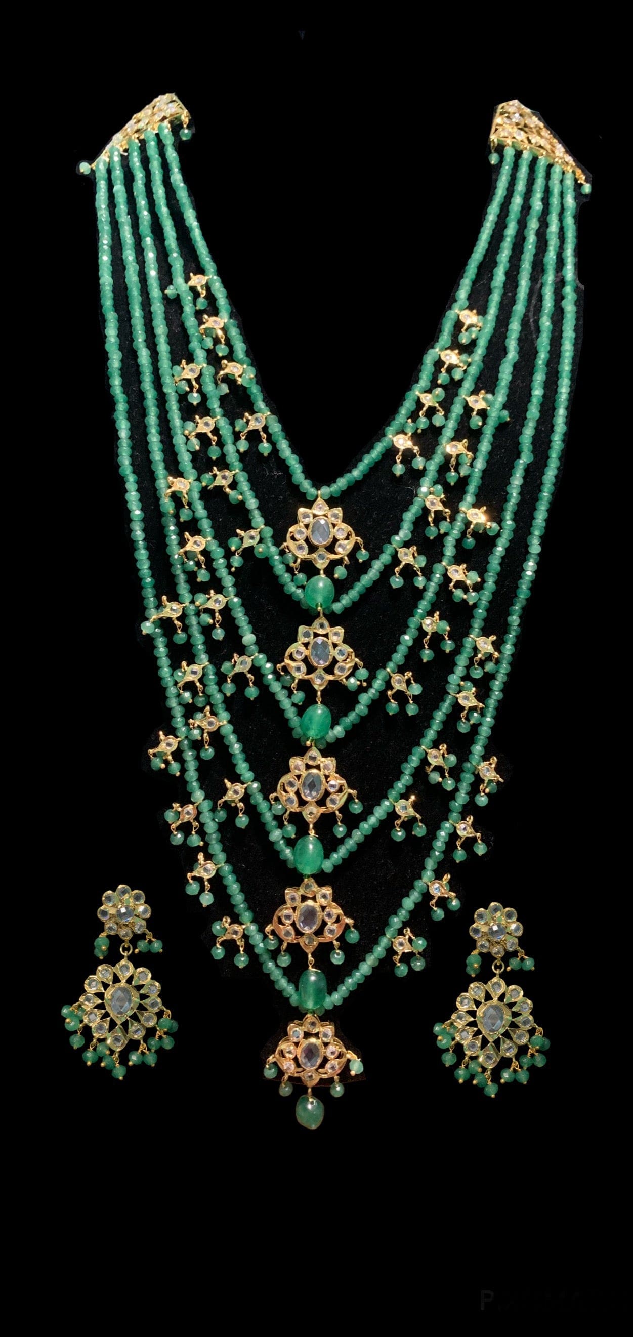 SAT34 Five layer hyderabadi necklace with earrings in green ( READY TO SHIP)