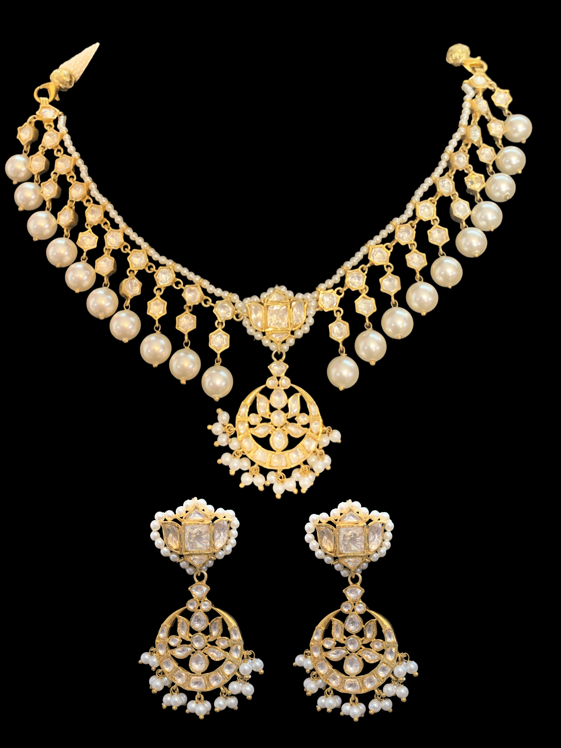 Gold plated silver moissanite and pearl necklace set ( SHIPS IN 4 WEEKS )