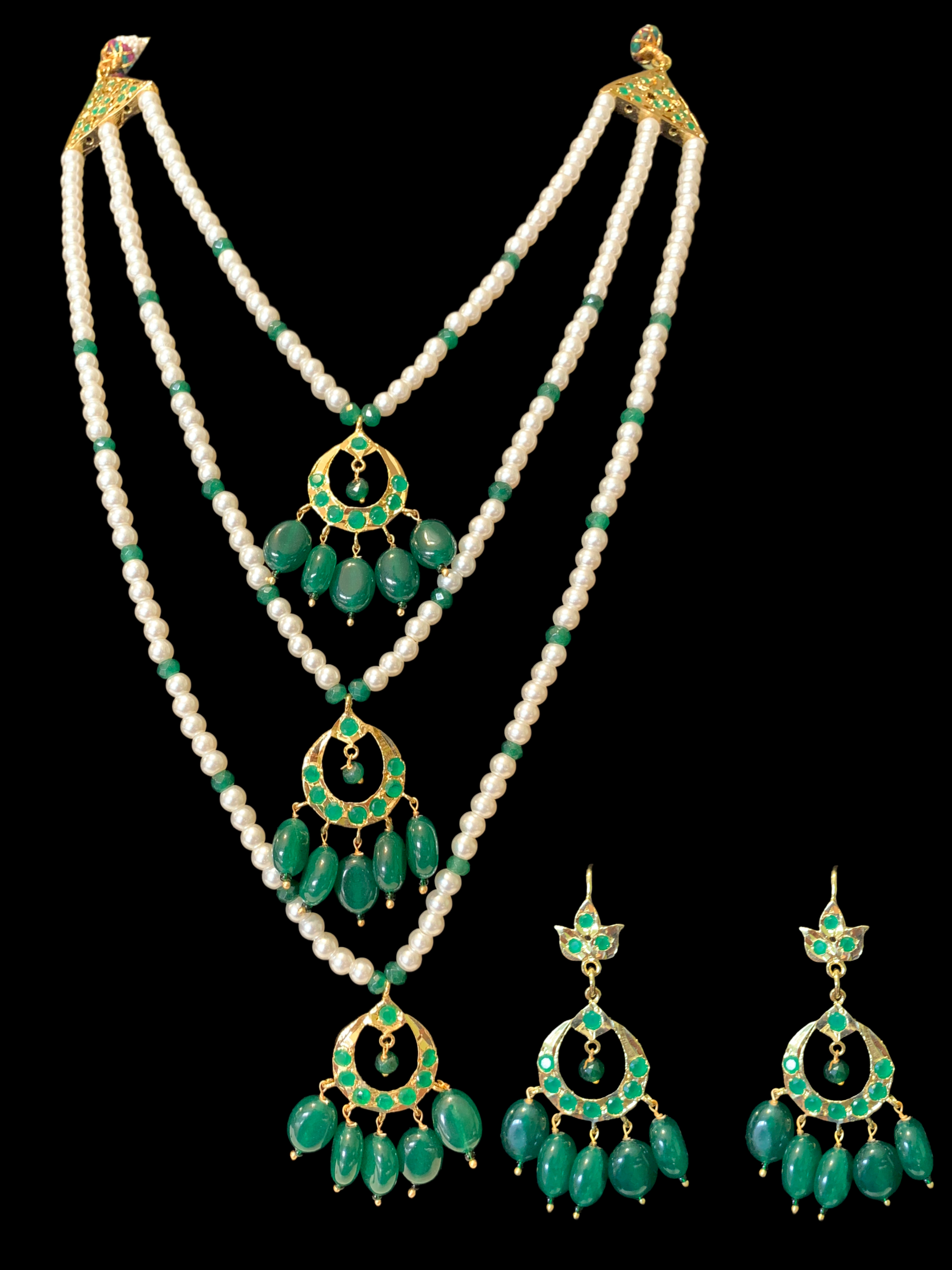 SAT71 Seema three layer  necklace with chandbali- green  ( READY TO SHIP )