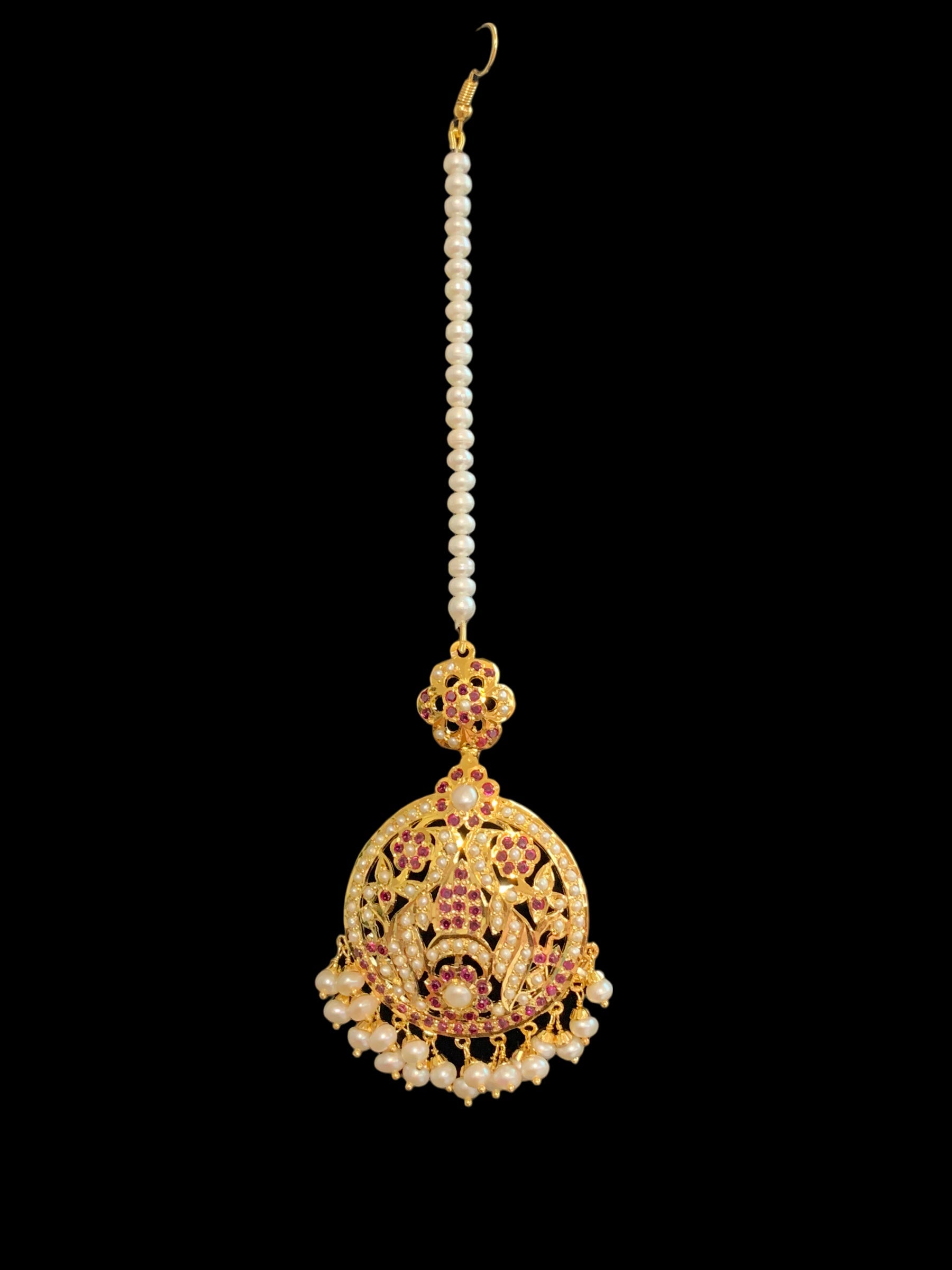 Gold plated silver jadau tikka in pearls and rubies ( SHIPS IN 4 WEEKS )