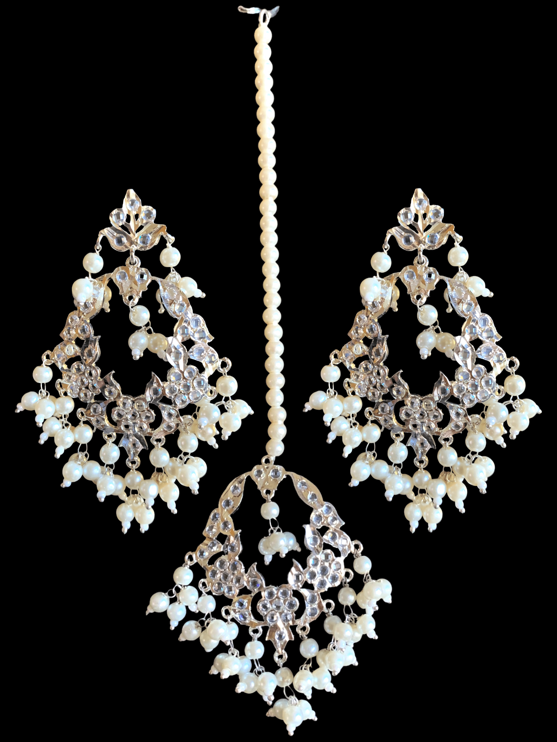 DJET34 Madhuri earrings tika set in silver plating   ( SHIPS IN 4 WEEKS )