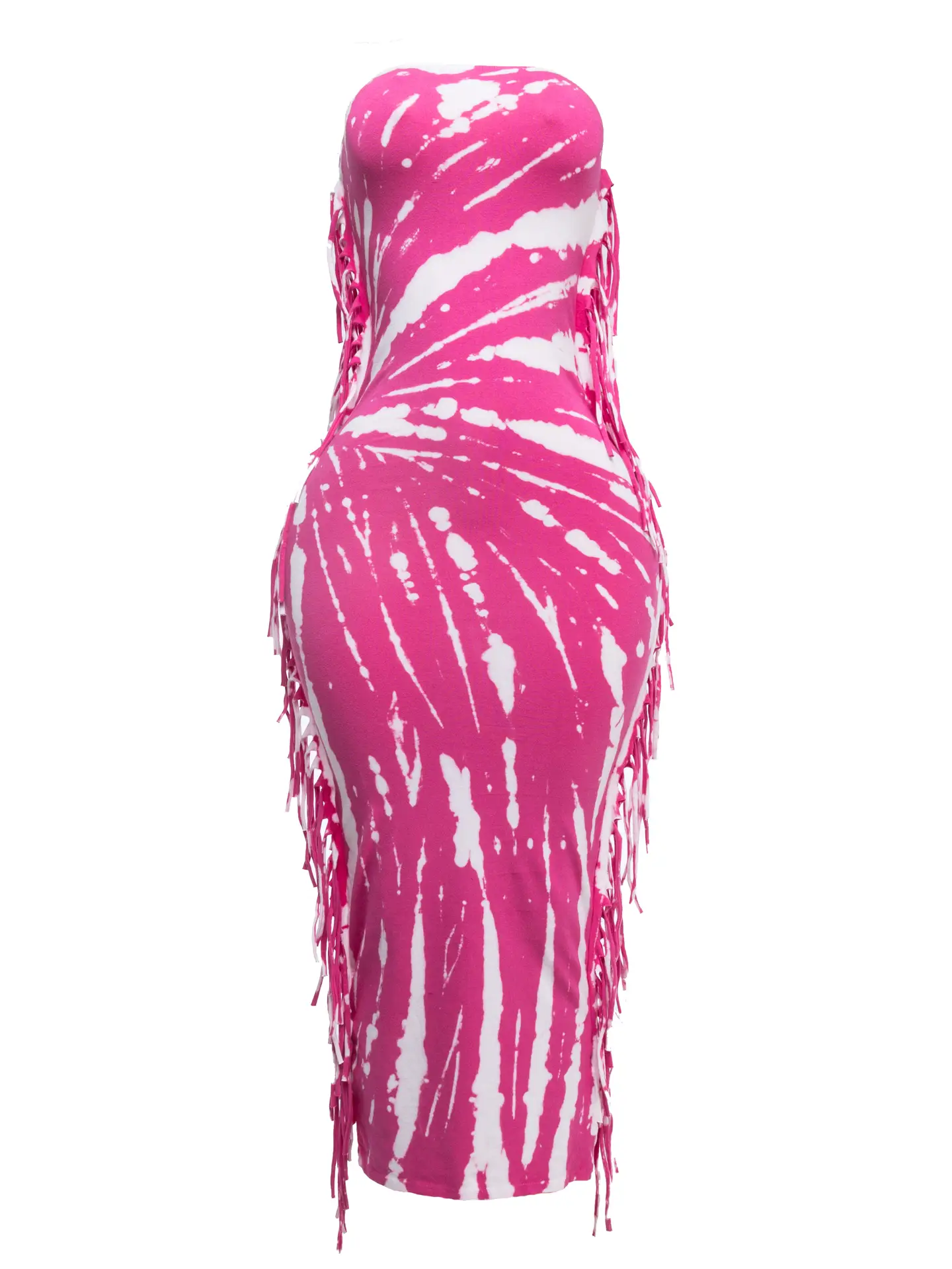 Tie Dye Strapless Fringed Maxi Dress
