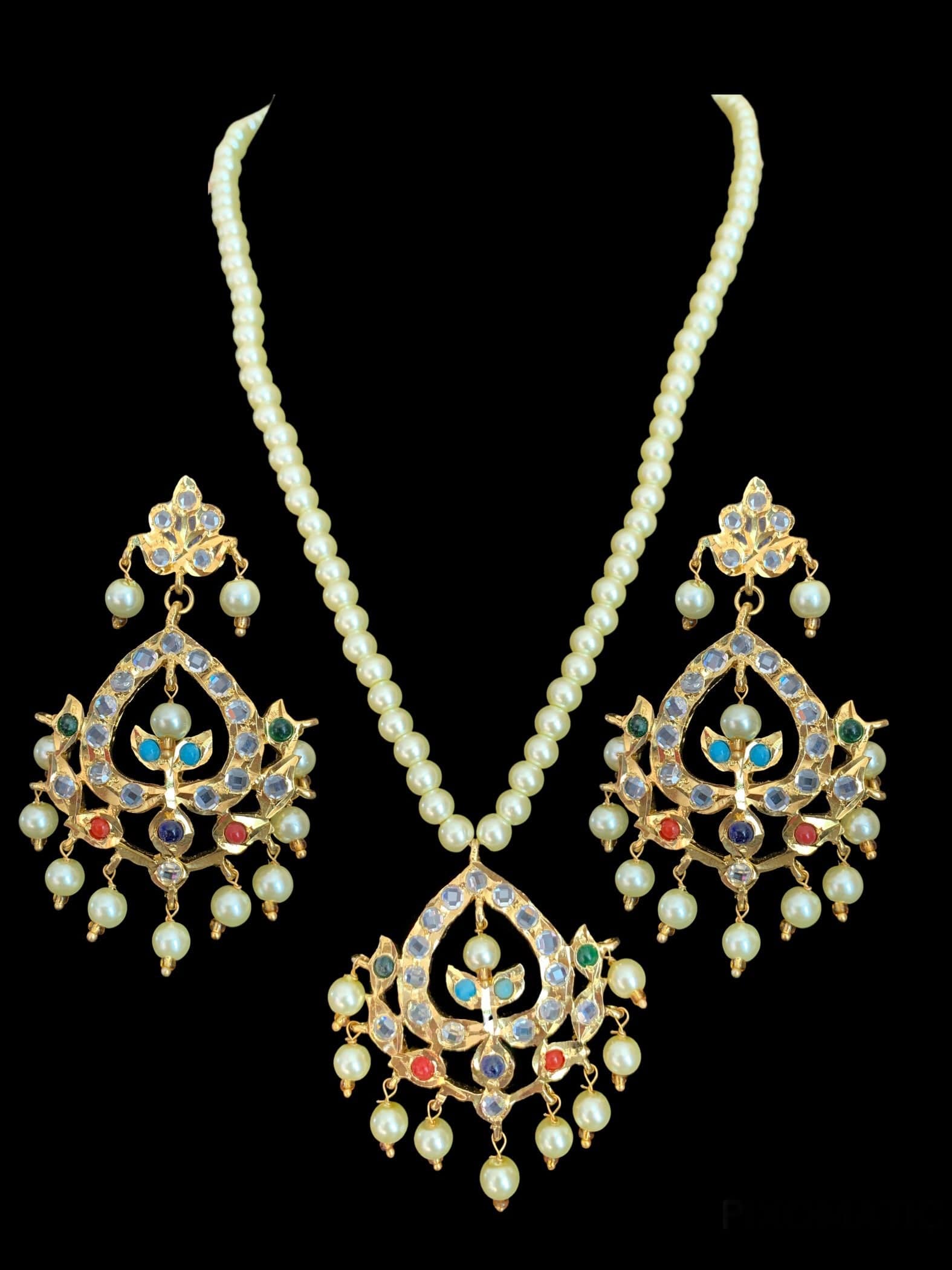 PS483 Diana navratan  pendant set with Chandbali (READY TO SHIP  )