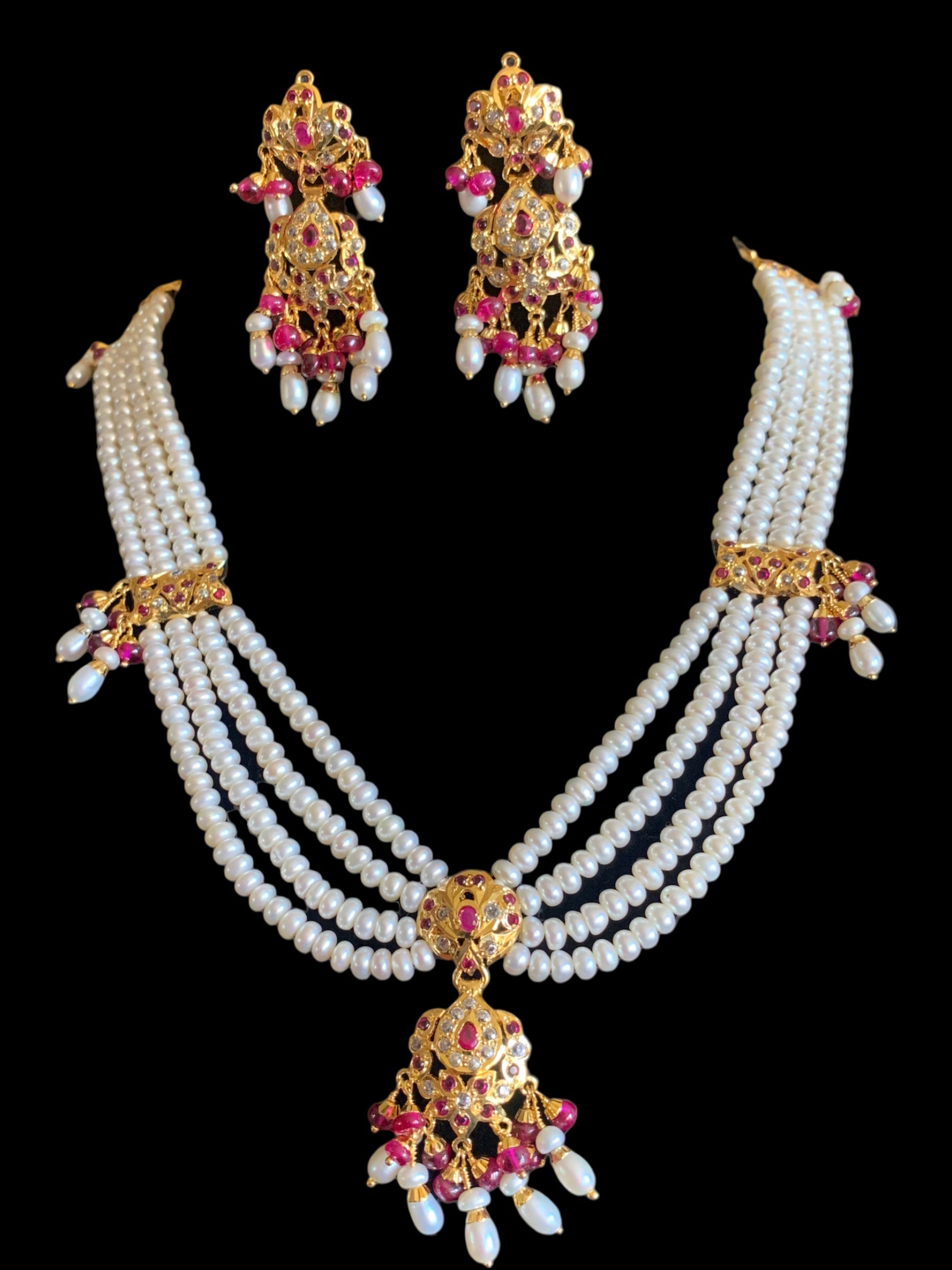 Ruby and zircon jadau gold plated silver necklace with earrings ( SHIPS IN 4 WEEKS )