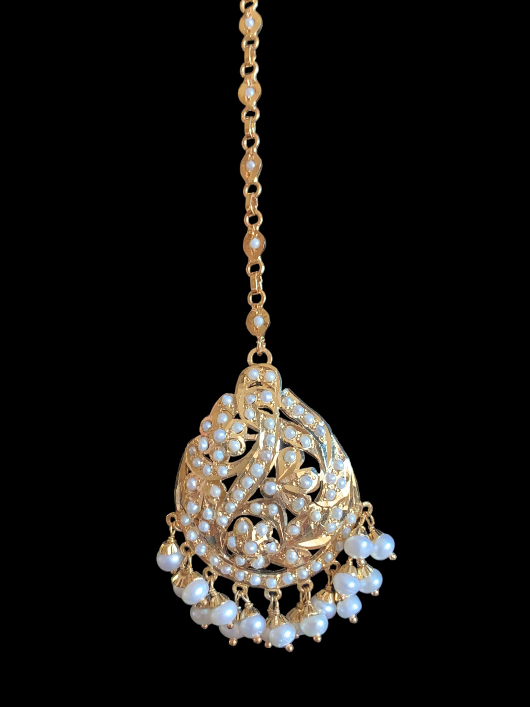 Gold plated silver tikka in fresh water pearls ( SHIPS IN 4 WEEKS  )