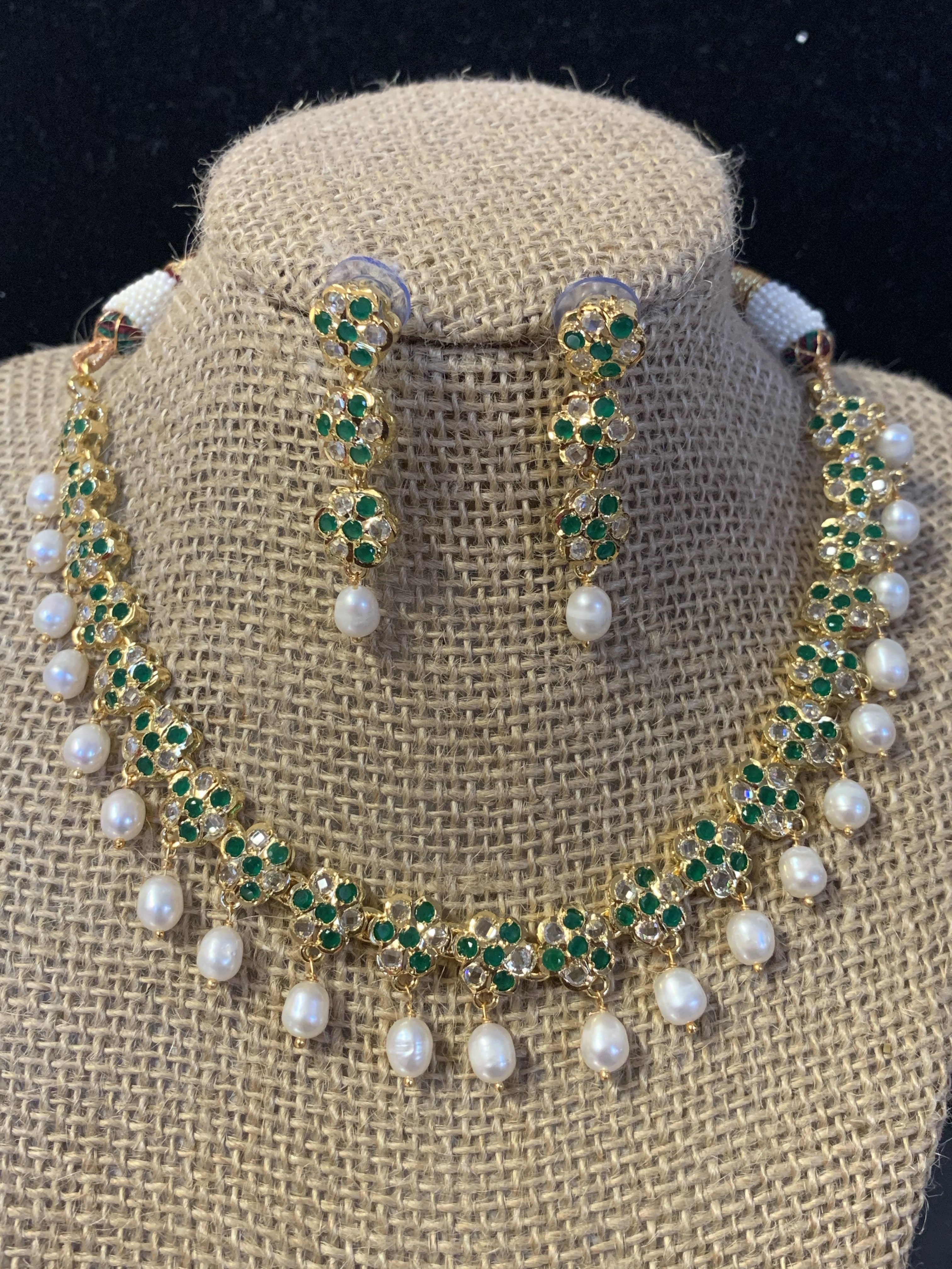 Meenaz fresh water pearl necklace set green  (SHIPS IN 4 WEEKS )