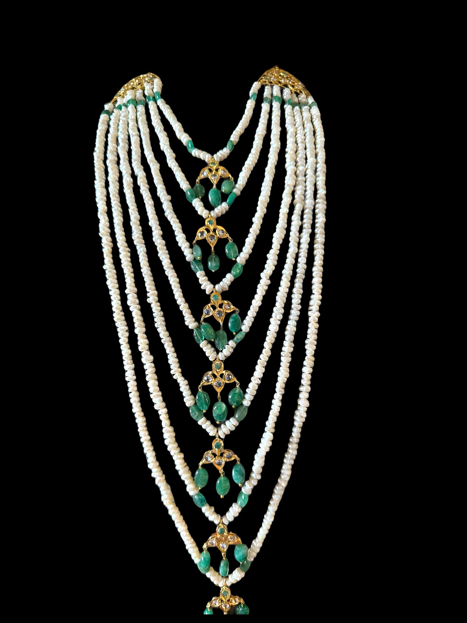 SAT81 Hyderabadi satlada in emerald beads and fresh water pearls (SHIPS IN 2 WEEKS )