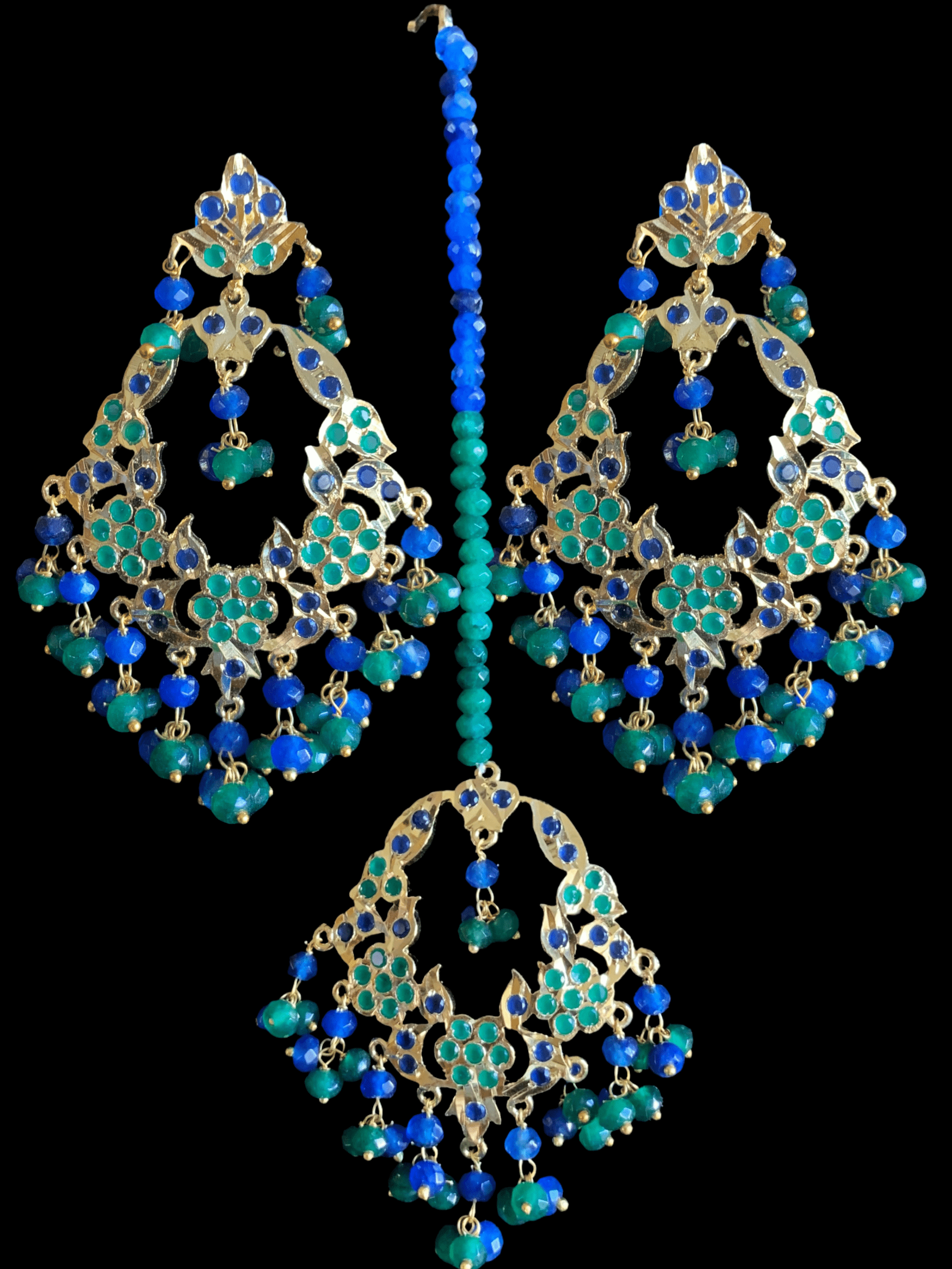 DJET36 Madhuri earrings tika set in blue green ( READY TO SHIP)