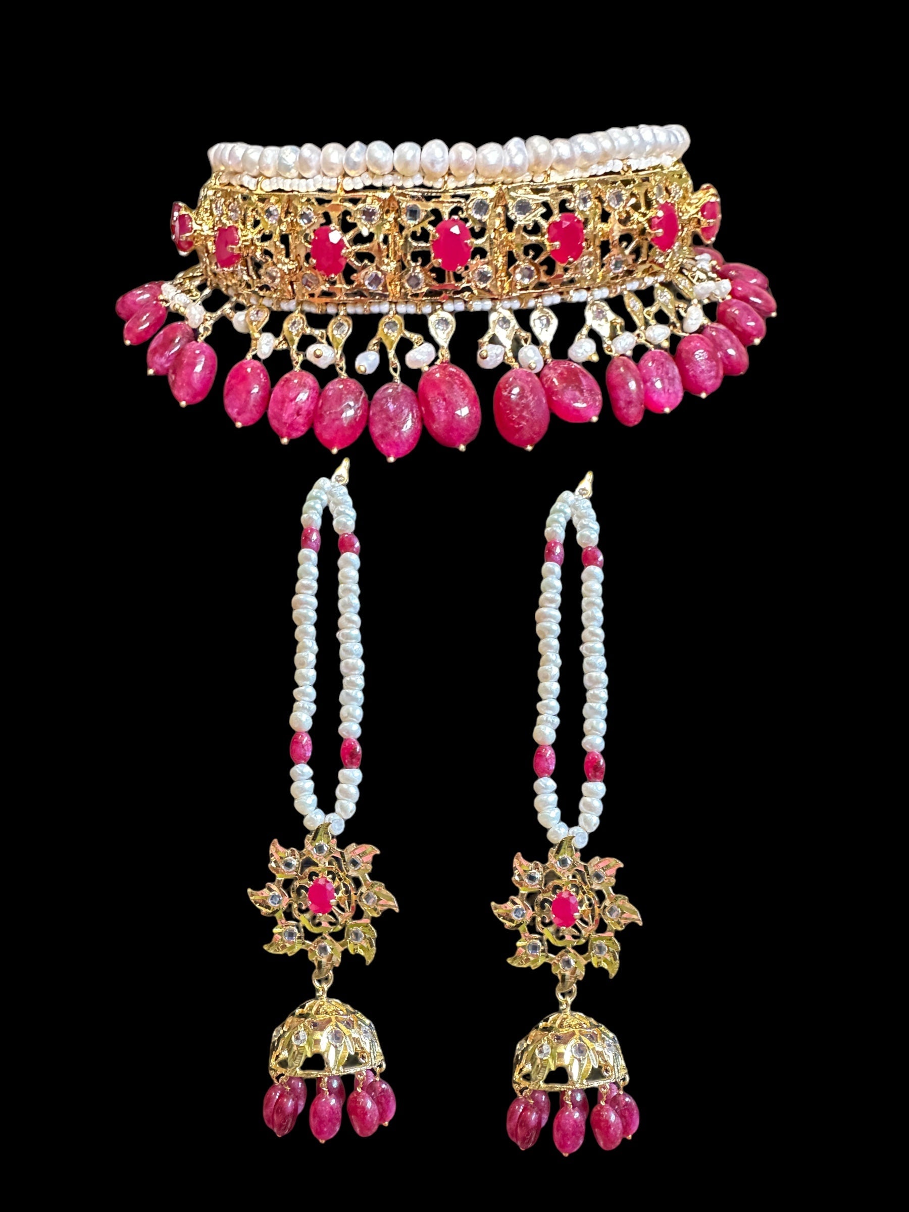 C267 Insia Hyderabadi jadavi lacha choker with fresh water  pearls and rubies ( SHIPS IN 1 WEEK )