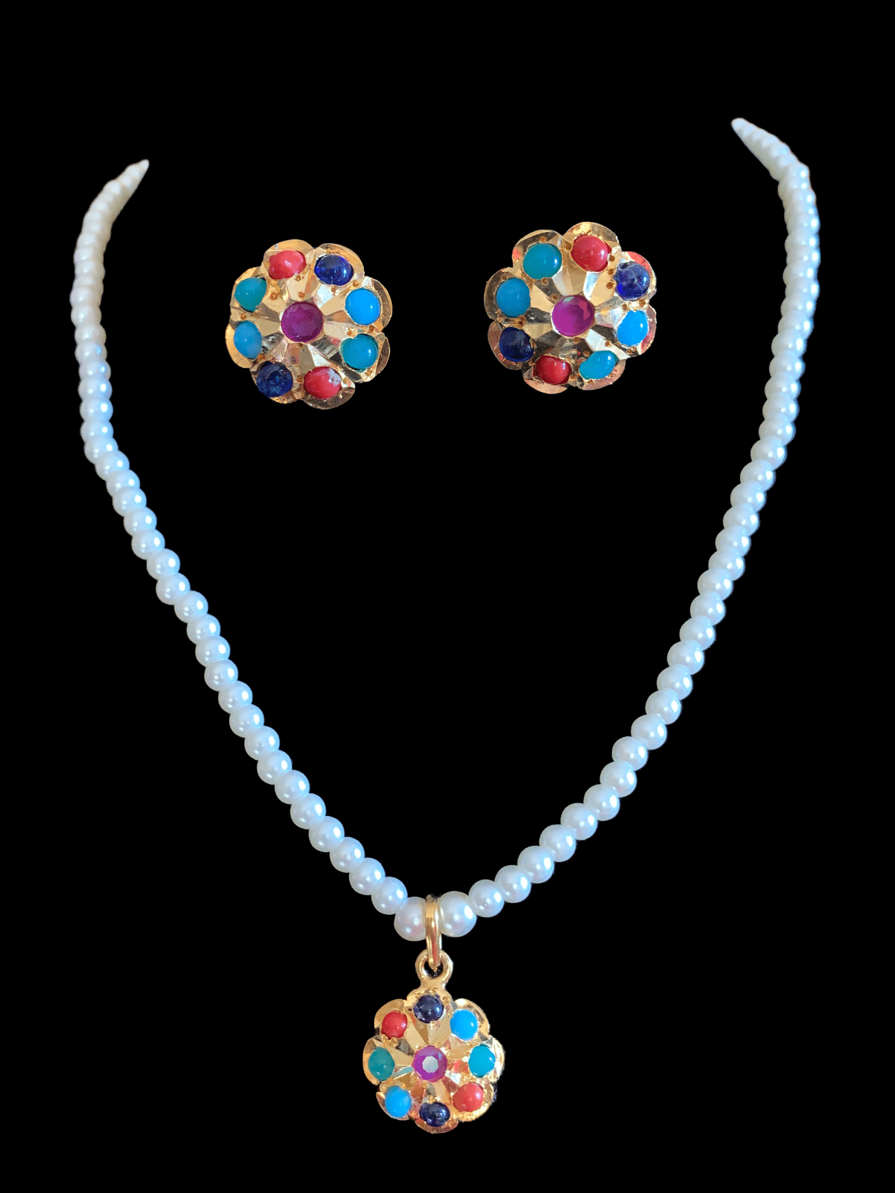 PS367 Sara hyderabadi flower pendant set in Navratan   (READY TO SHIP )