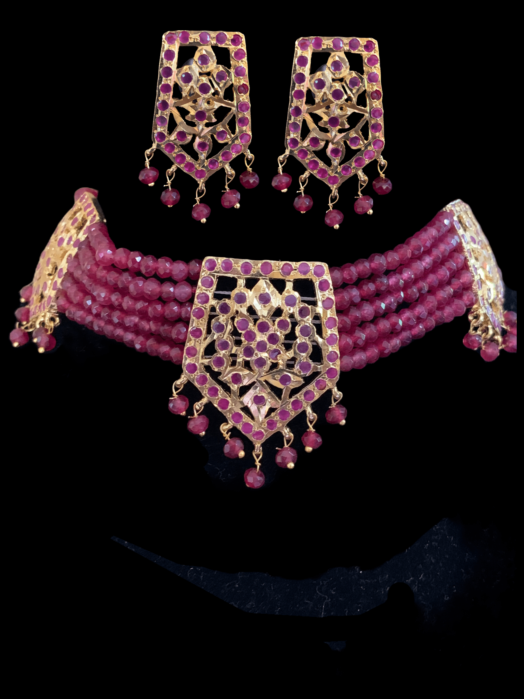C102  Indu Hyderabadi Jadau choker with earrings In ruby beads ( SHIPS IN 3 WEEKS )