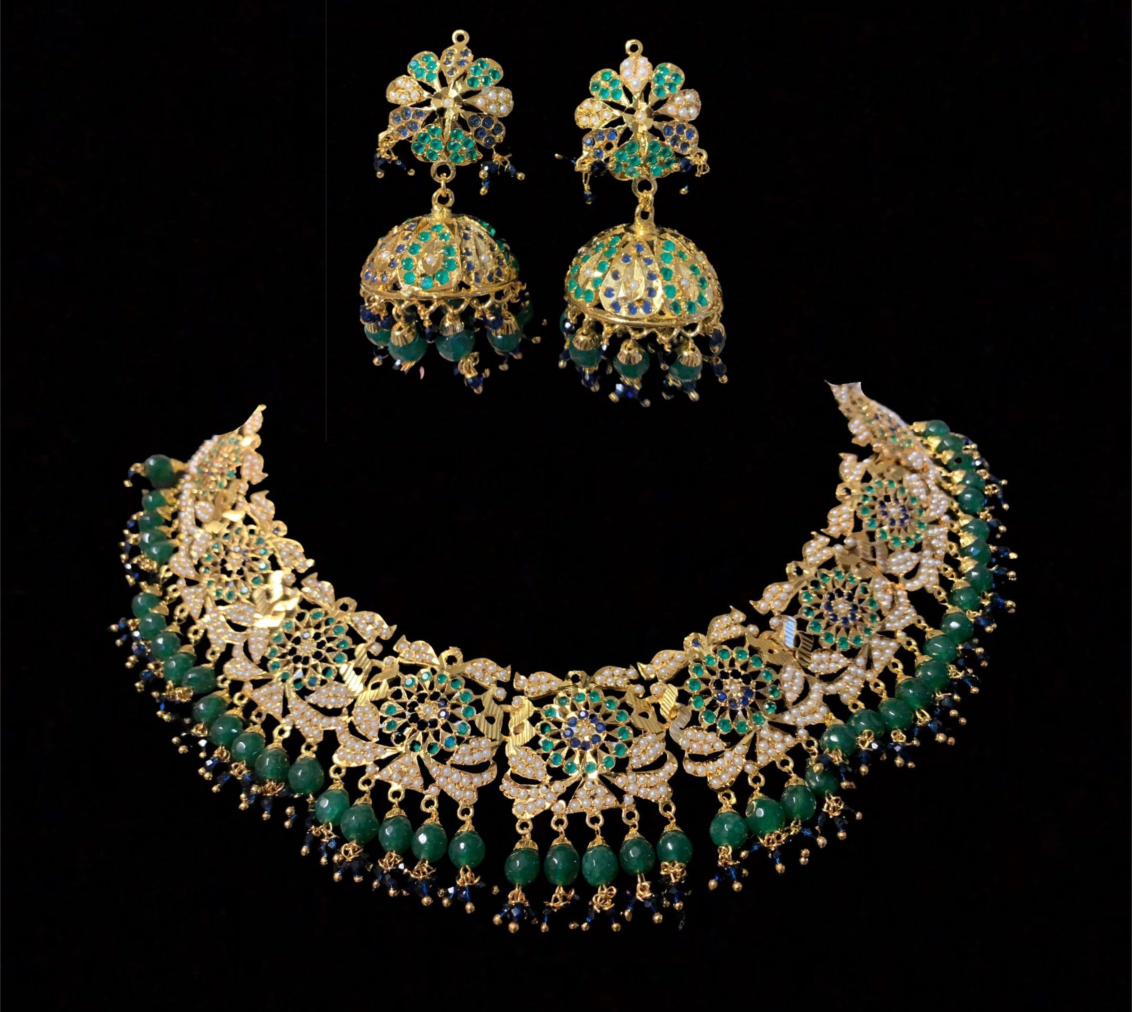 Rashmika jadau necklace with jhumka ( green blue ) ( READY TO SHIP )