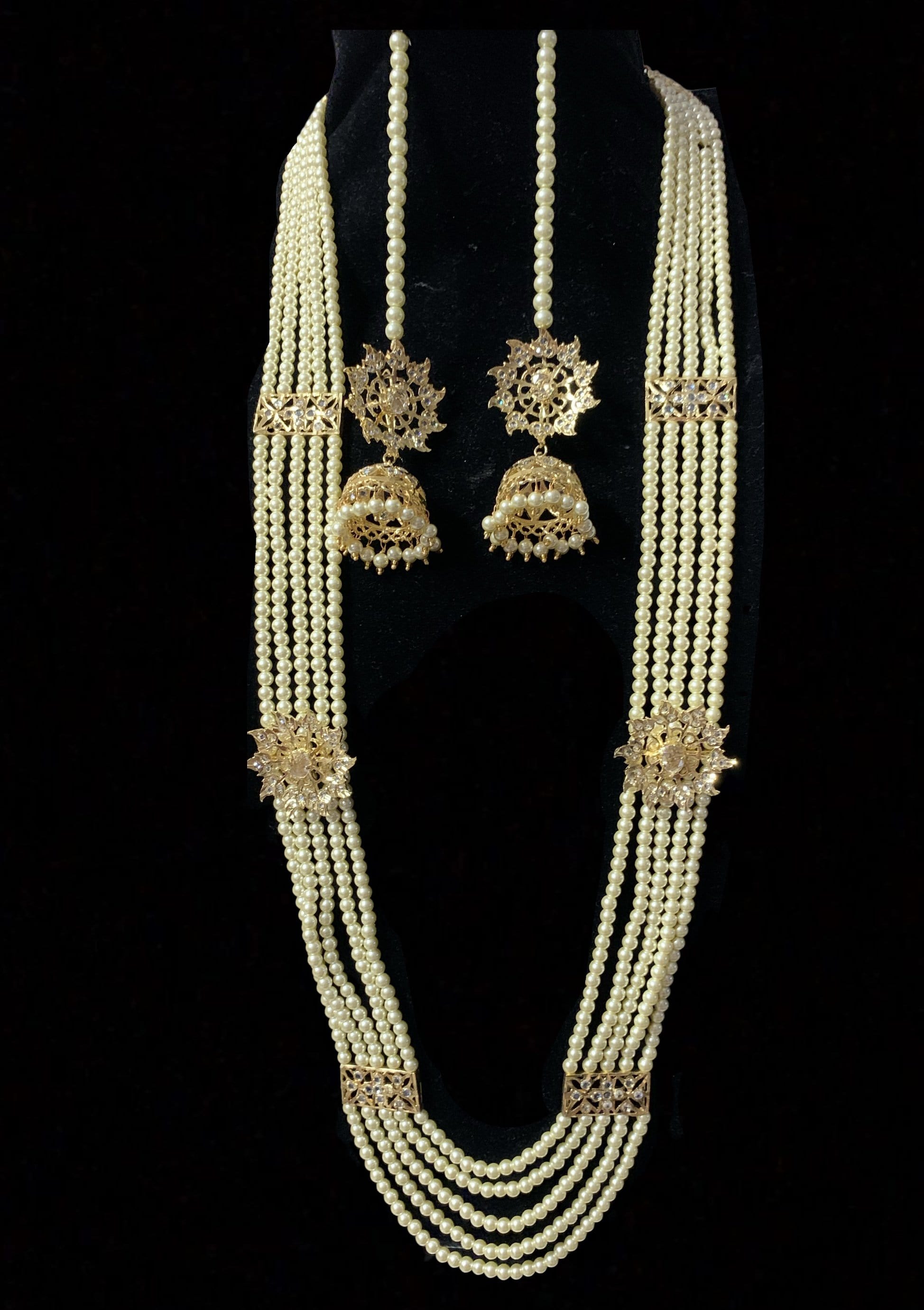 Zarnash gold  plated  ( off white ) long necklace with earrings (SHIPS IN 4 WEEKS )