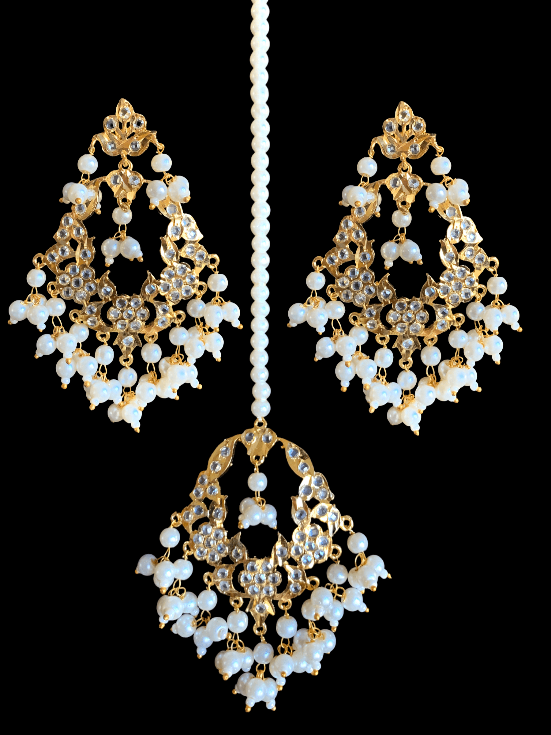 DJET33 Madhuri earrings tika set in pearls  ( SHIPS IN 3 WEEKS )