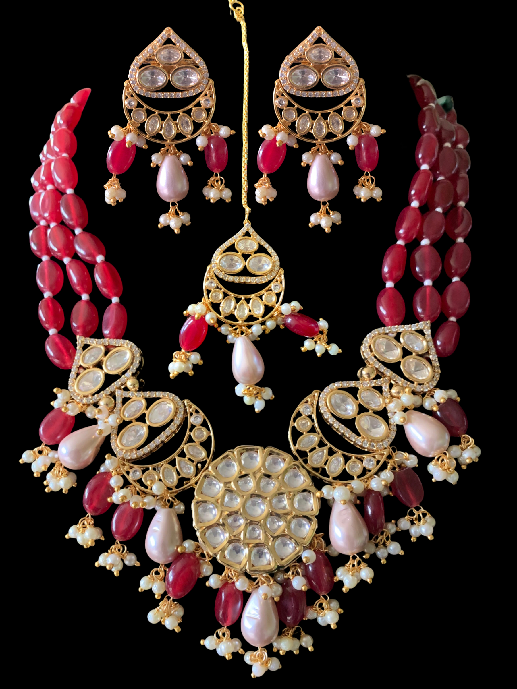 NS379 High quality gold plated polki necklace set with tika ( READY TO SHIP)