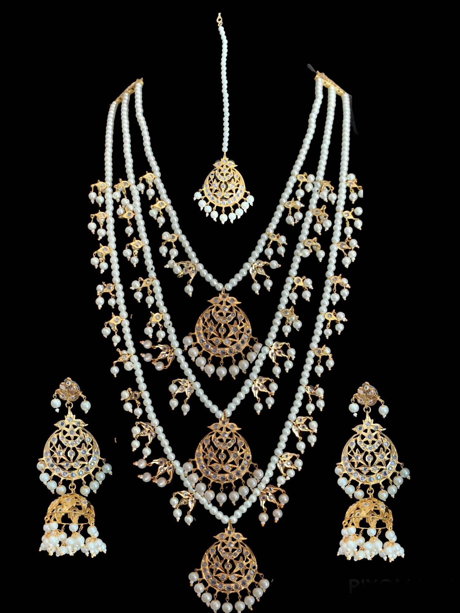 Tooba three layered pearl necklace with earrings and Tika ( SHIPS IN 4 WEEKS )