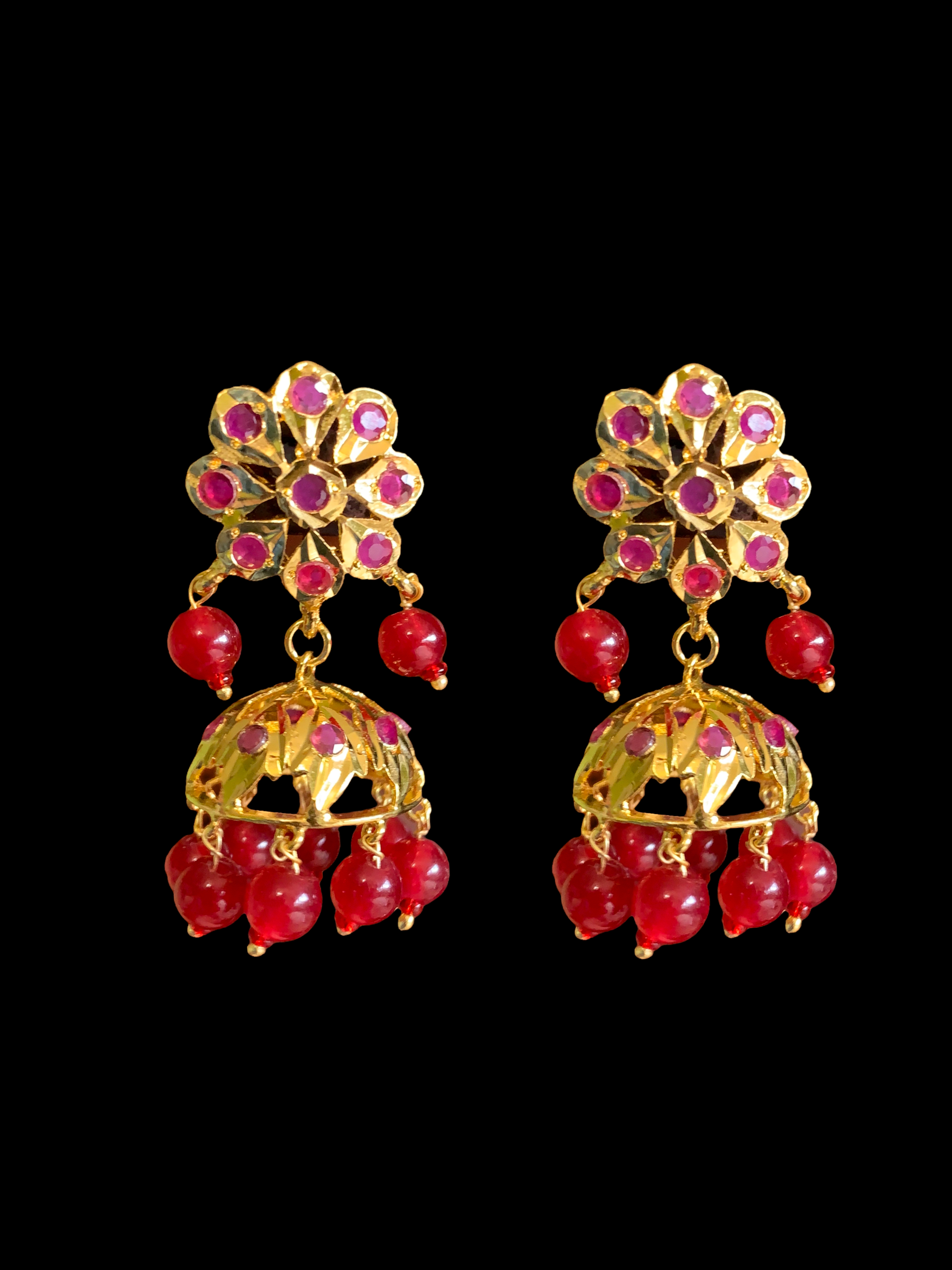 DER345 Ruby jhumka in flower tops ( SHIPS IN 3 WEEKS )