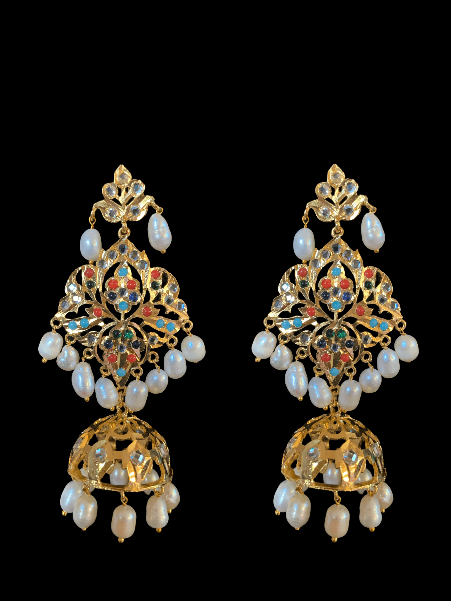 DER95 Lina earrings in fresh water pearls - navratan  ( SHIPS IN 4 WEEKS  )