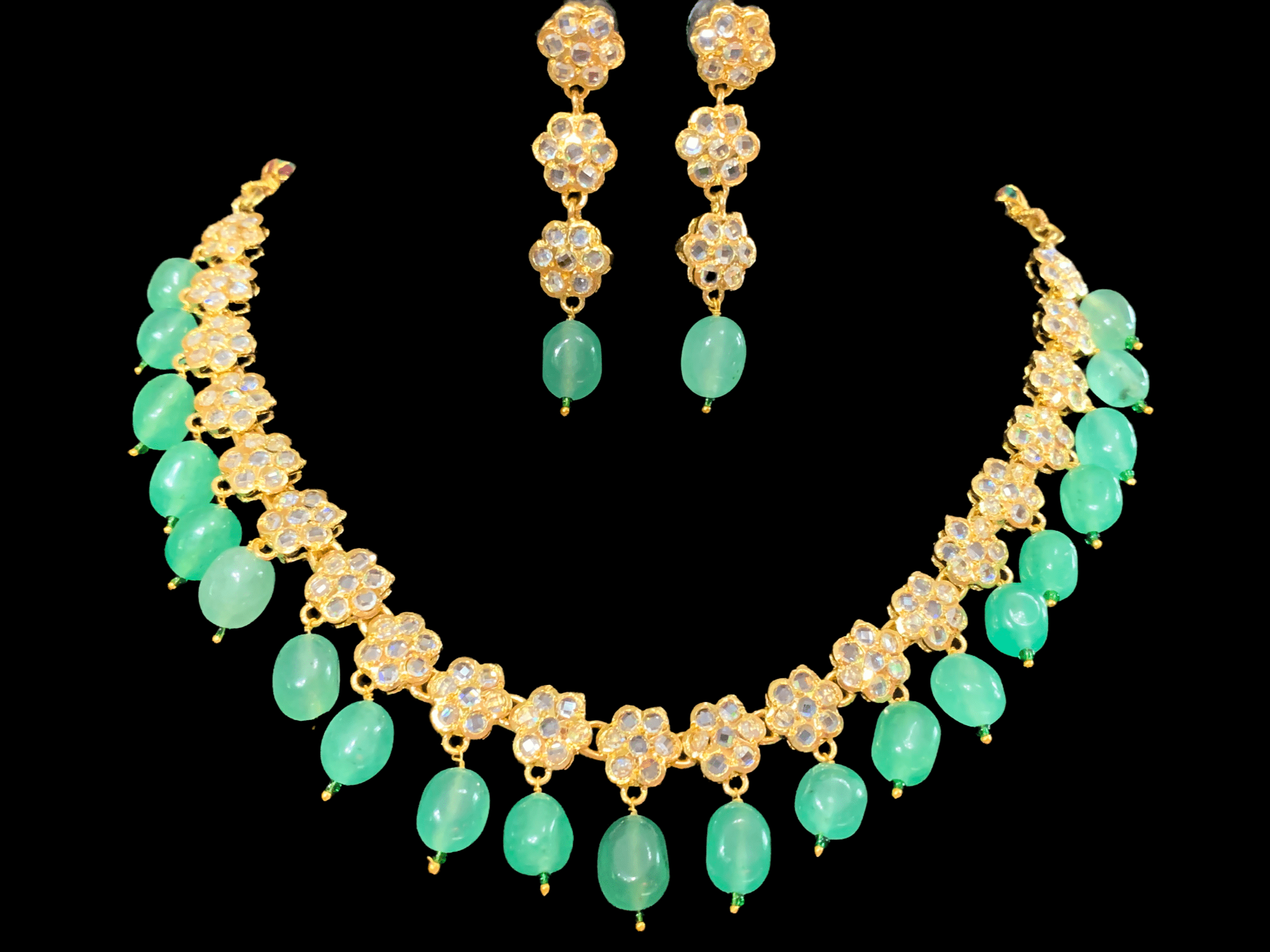 NS11 Meenaz  necklace set - light green beads ( SHIPS IN 4 WEEKS )