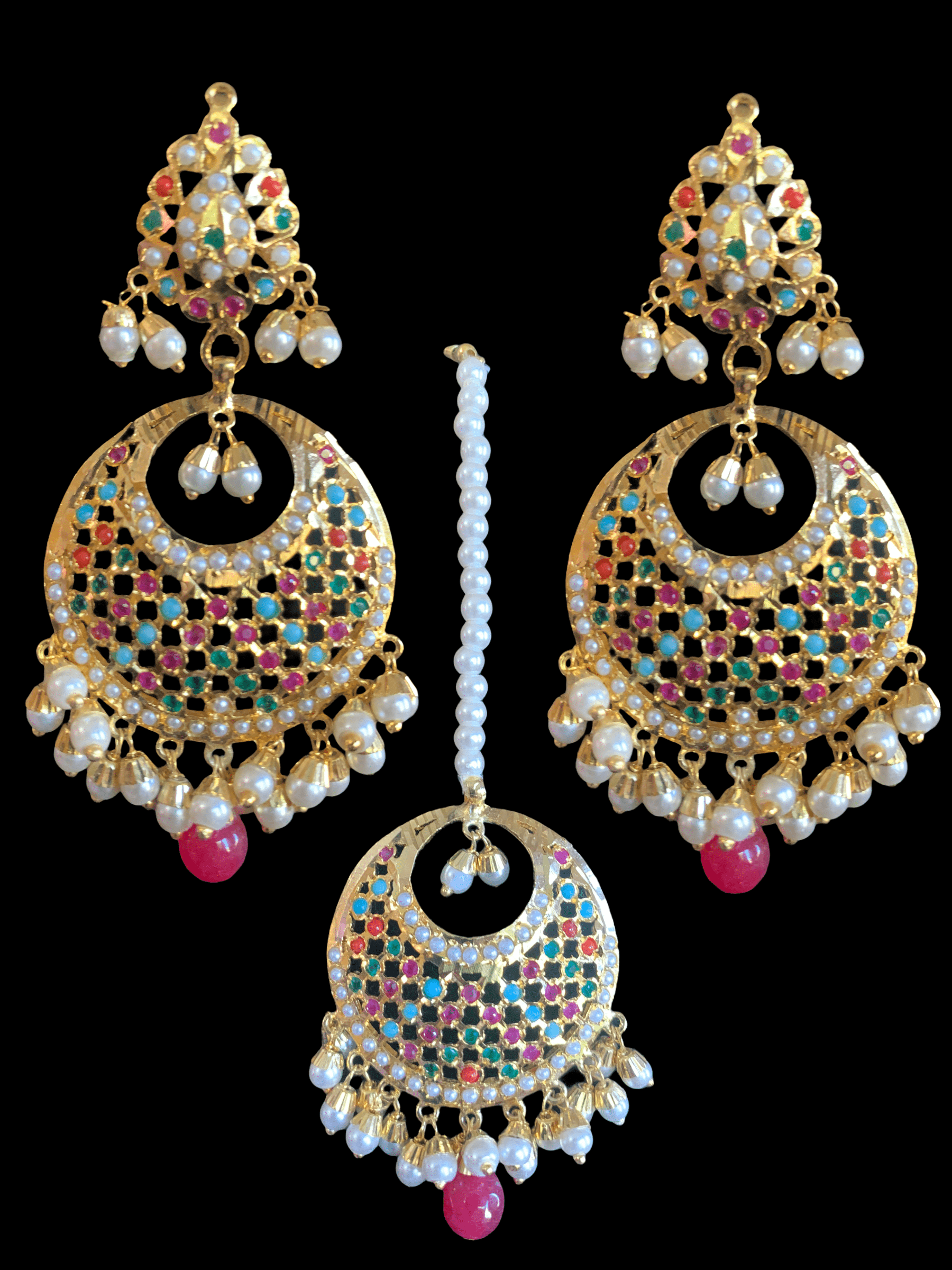 DJET51 sitara navratan jadau earrings tika  set ( READY TO SHIP )