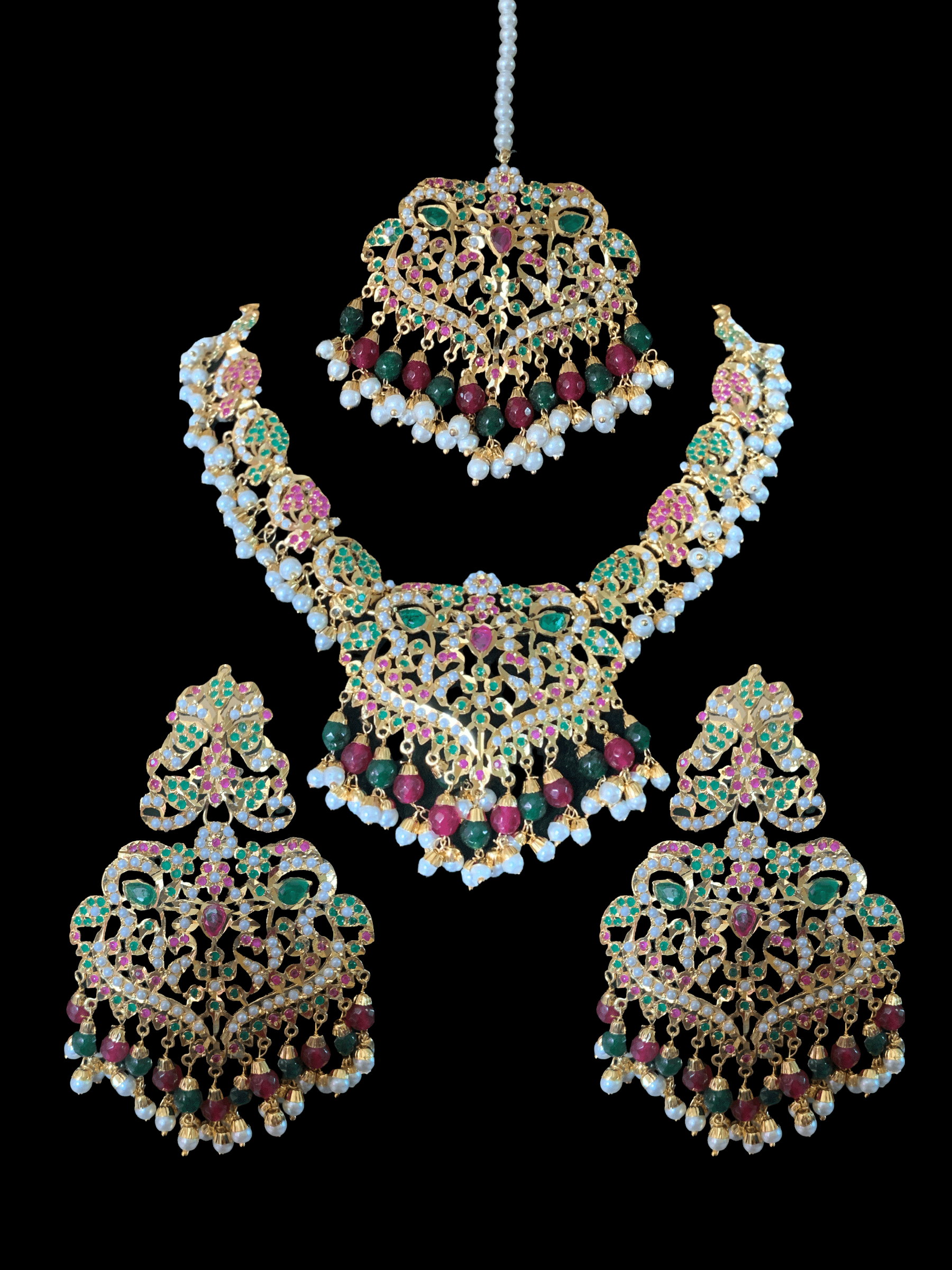 NS72 Neeli jadau pearl necklace with earrings tika in ruby emerald( READY TO SHIP )