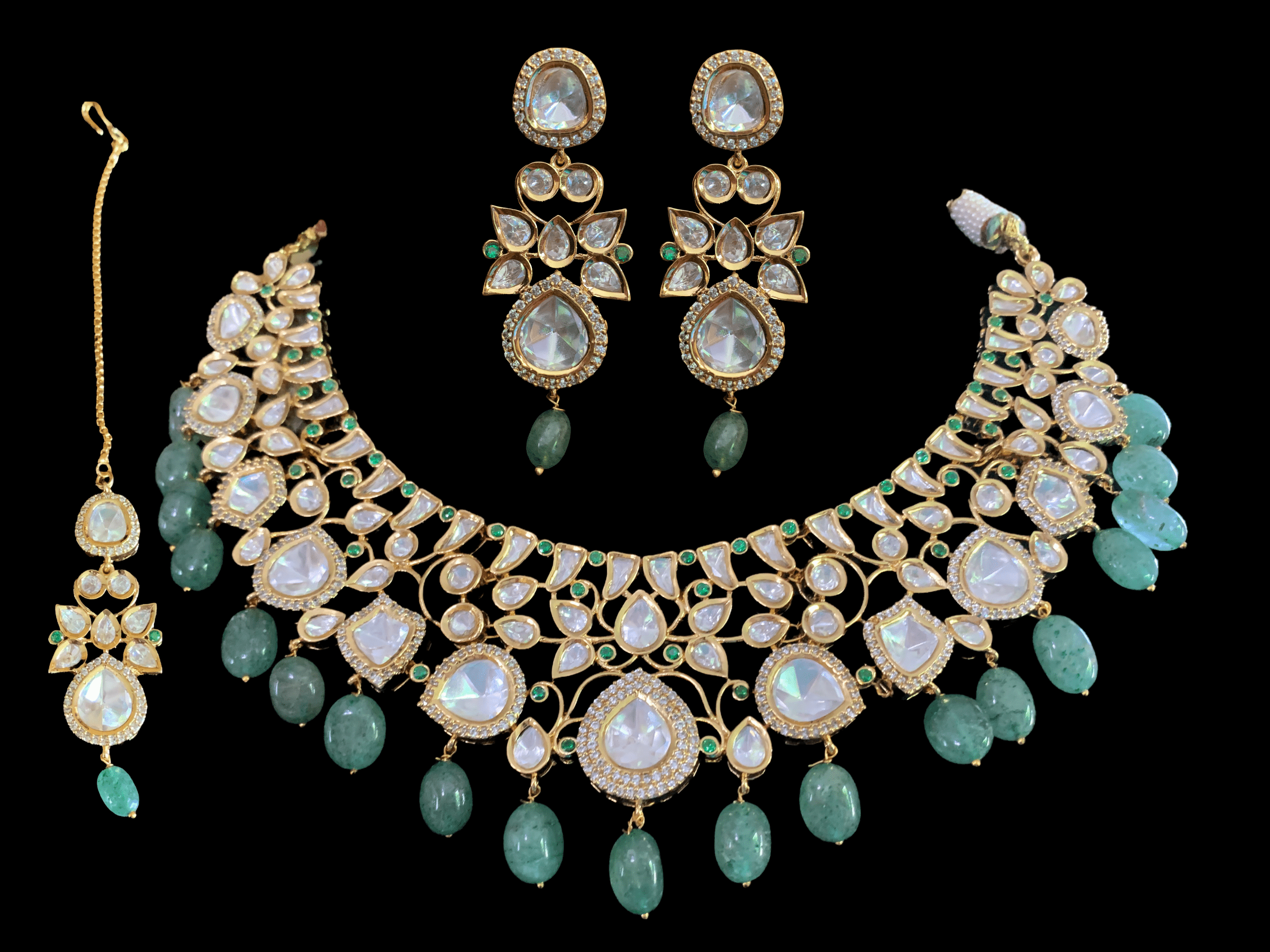 NS17 Tanu polki with emerald  beads necklace set (READY TO SHIP )