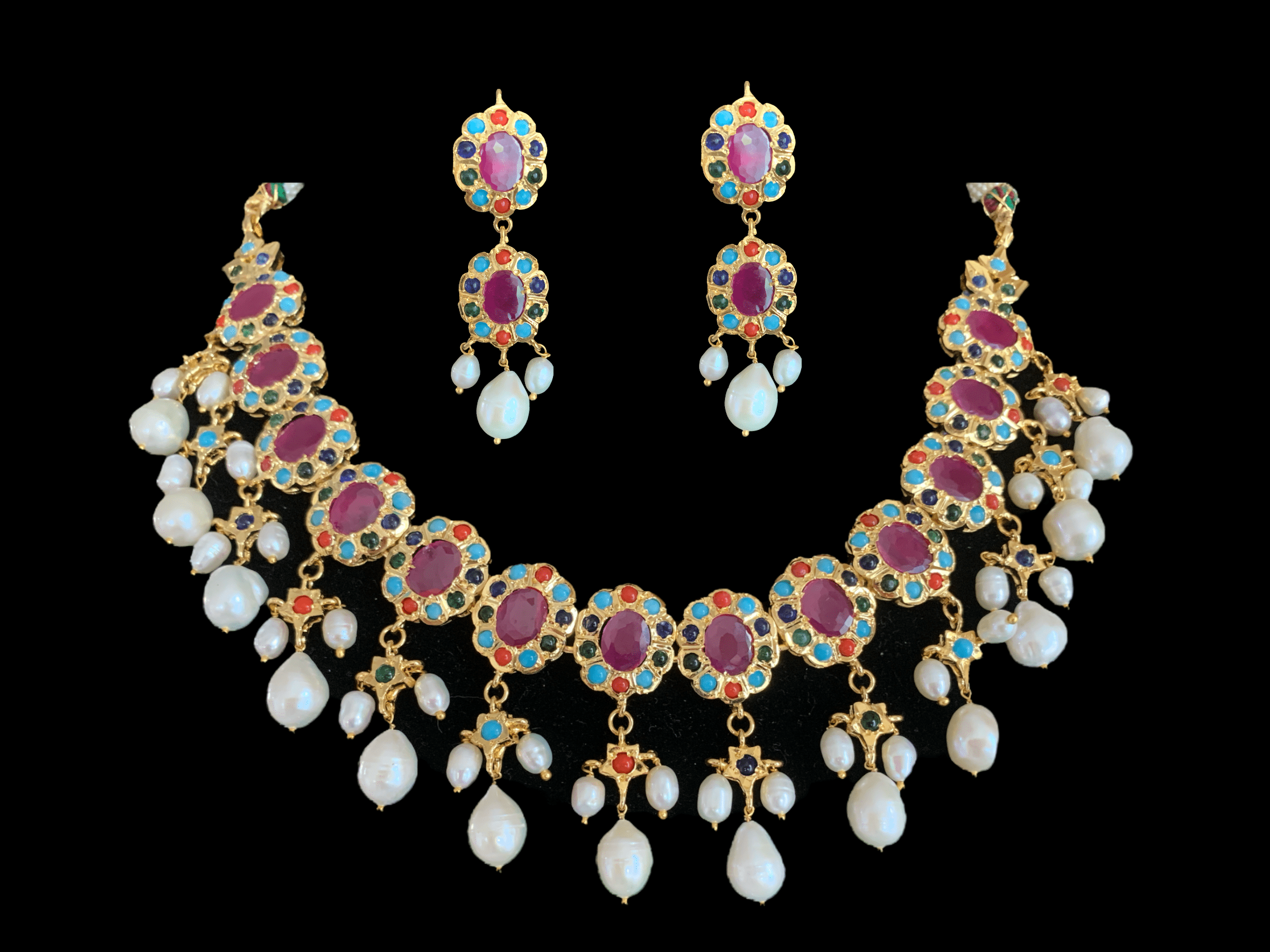 Pranila navratan hyderabadi necklace set  in fresh water pearls ( SHIPS IN 4  WEEKS )