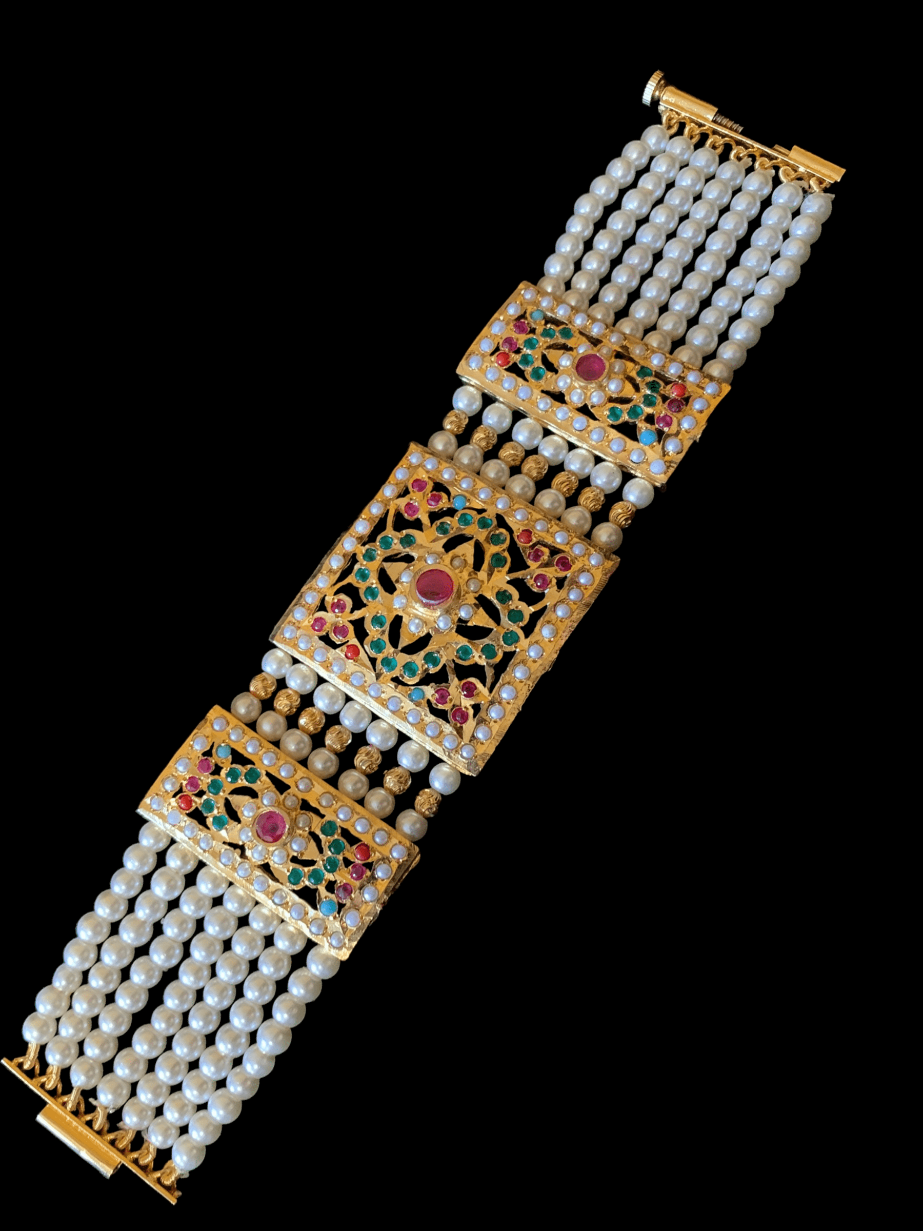 B66 Saira jadau bracelet in navratan with pearls    ( READY TO SHIP )