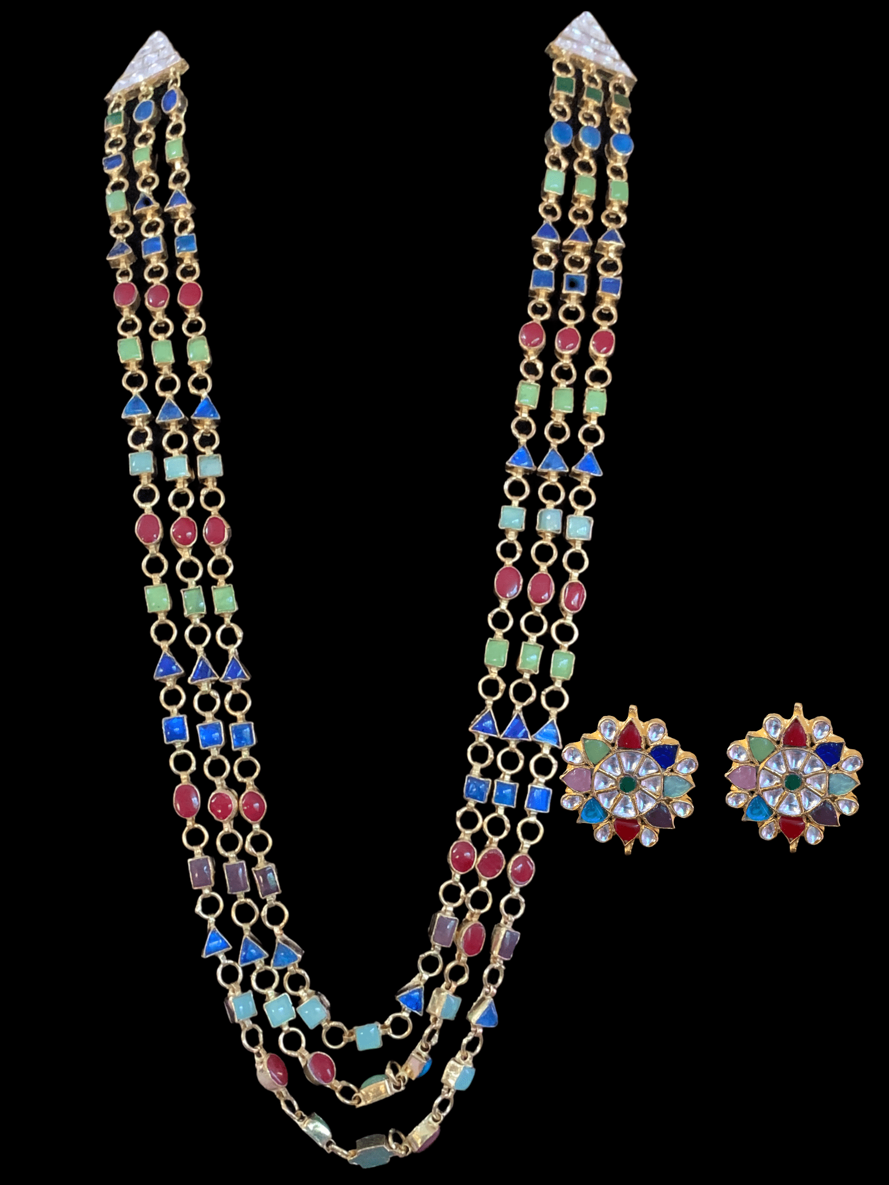 SAT48 Nayana  three layer  navratan mala with earrings ( READY TO SHIP)