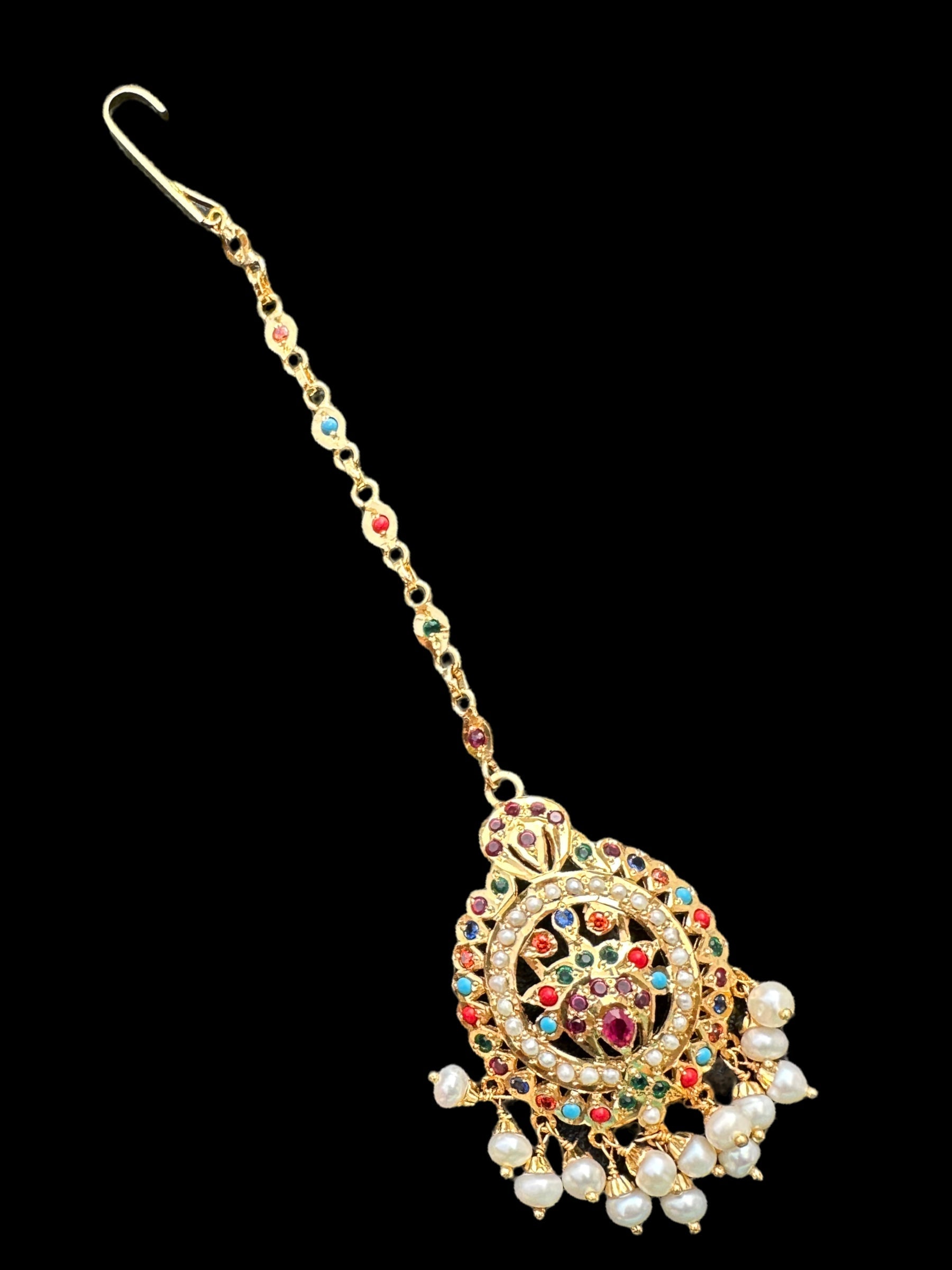 Gold plated silver tika in navratan ( READY TO SHIP )