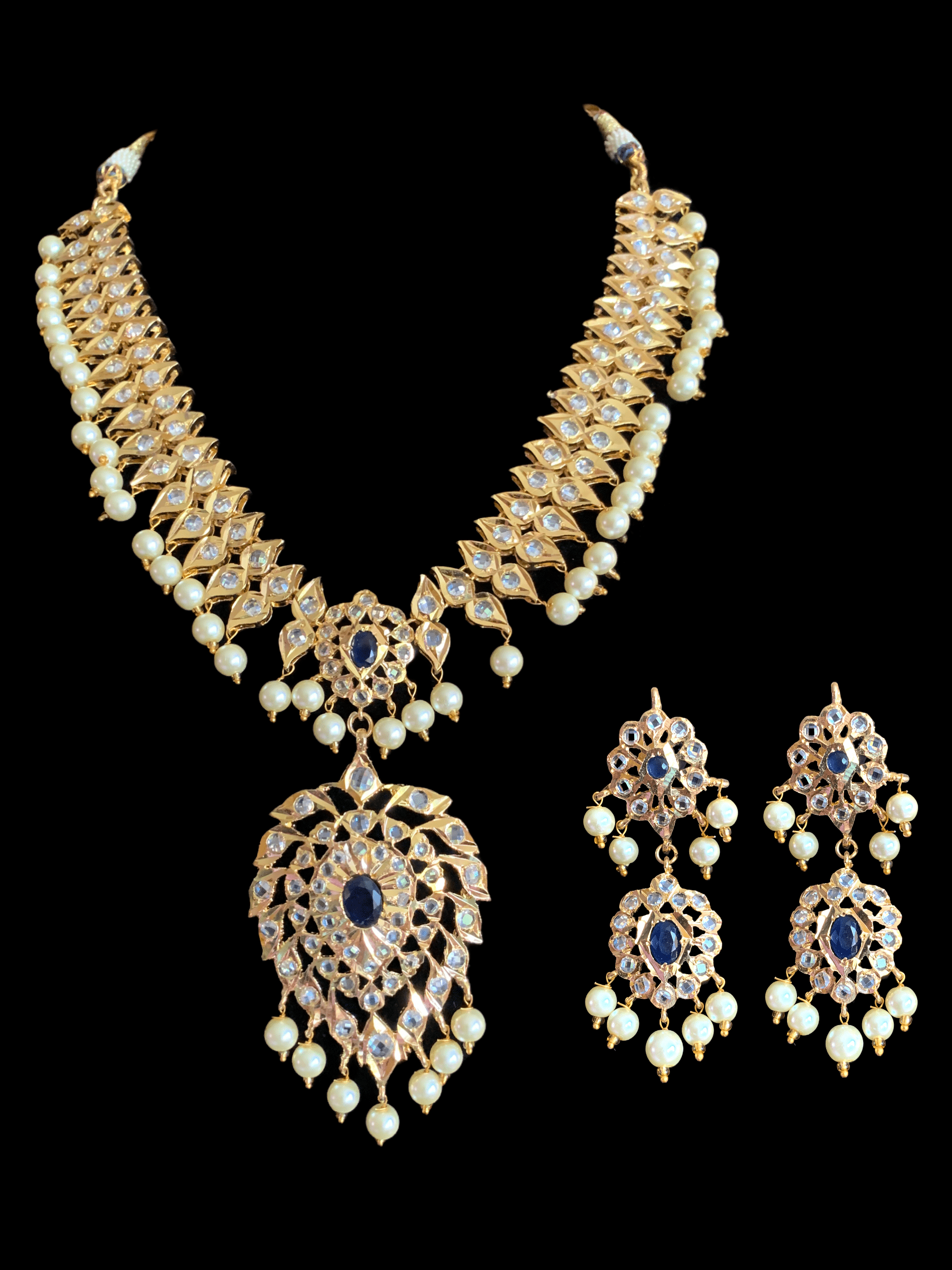 NS233 Ila nizami mango style bridal necklace with earrings in blue  (SHIPS IN 4 WEEKS )