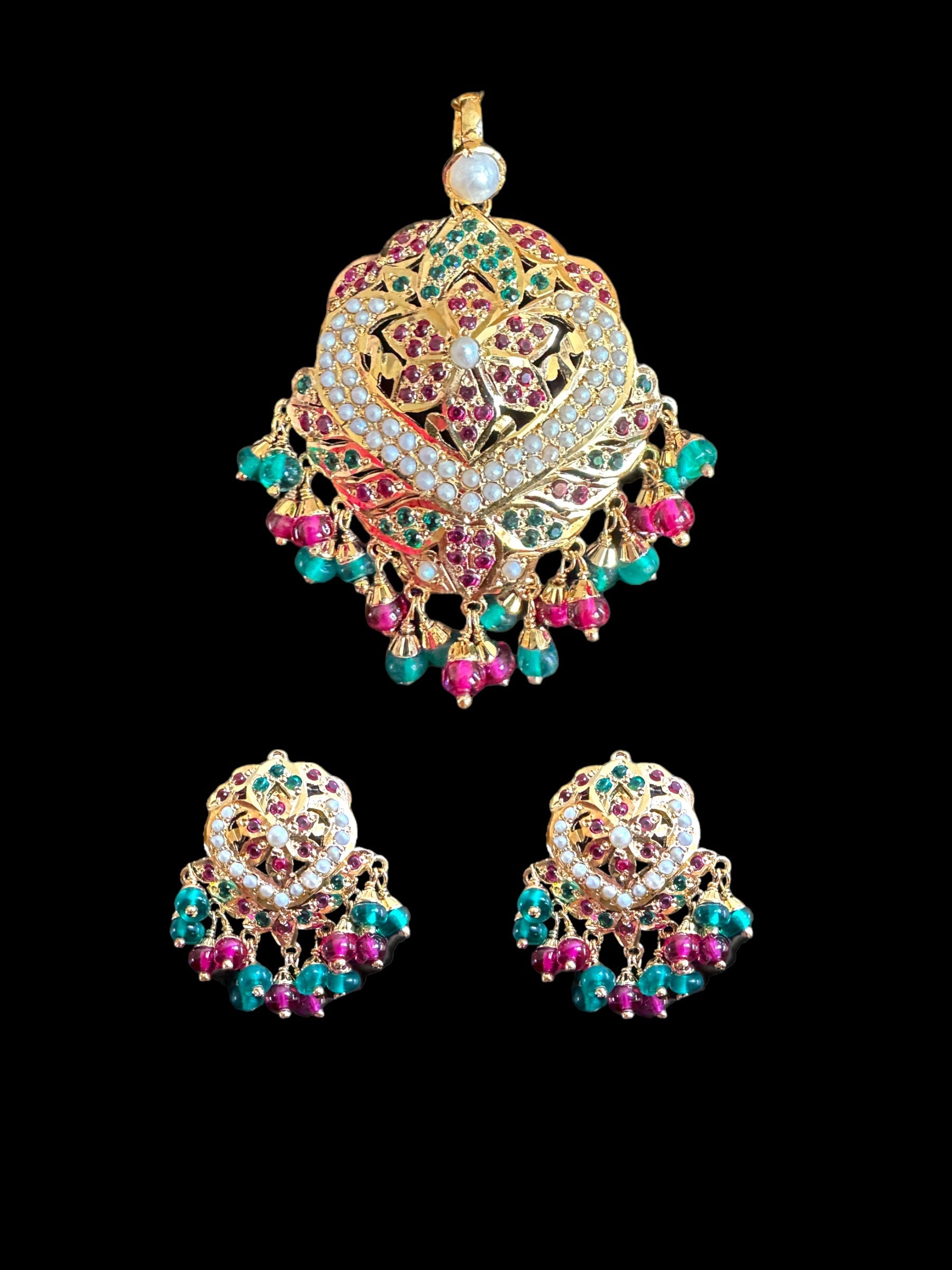 Ruby Emerald Freshwater Pearl Pendant Set in Gold-Plated Silver  ( READY TO SHIP )