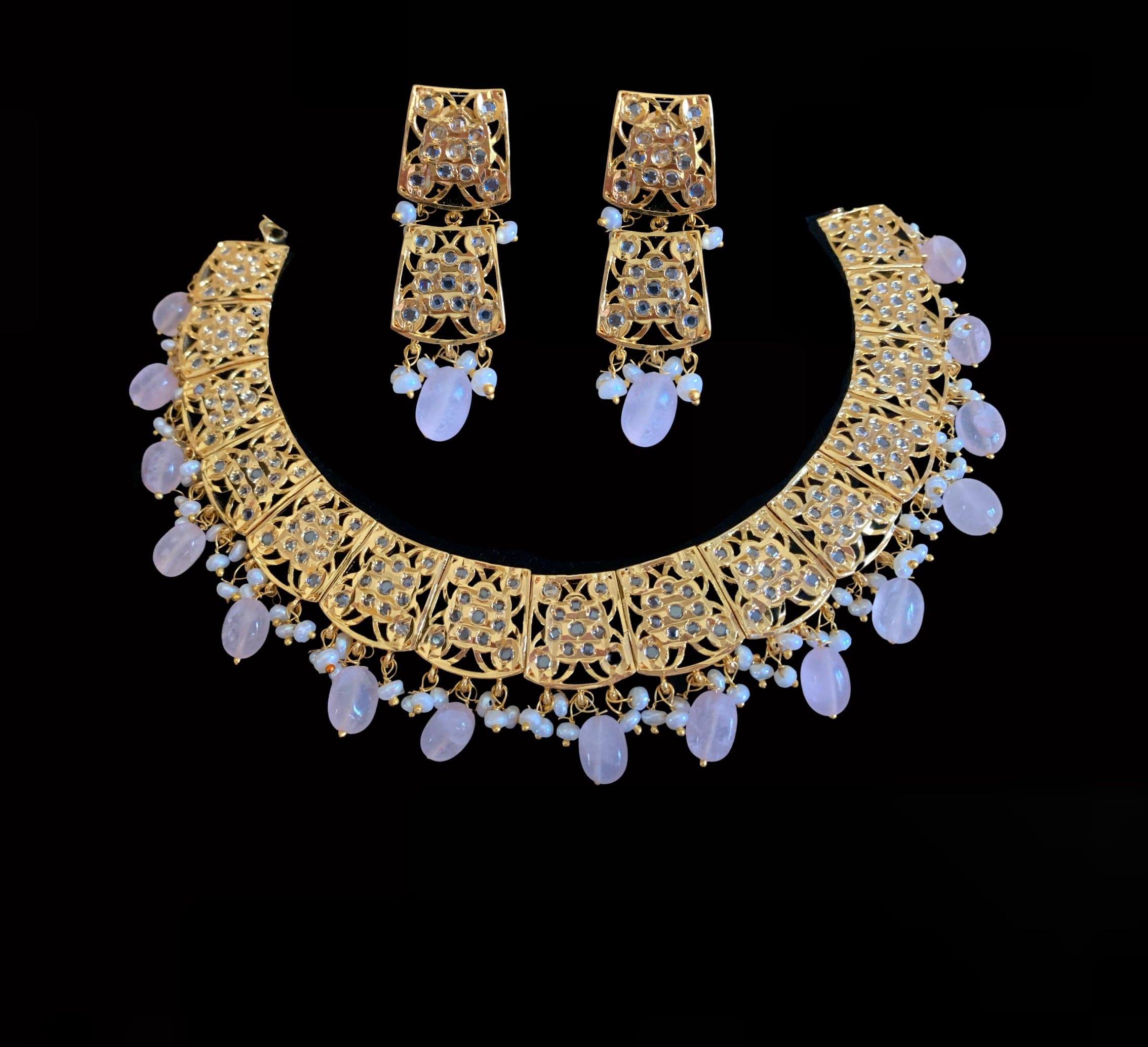 NS140 Badia rosequartz   with fresh water pearls necklace set  (READY TO SHIP )