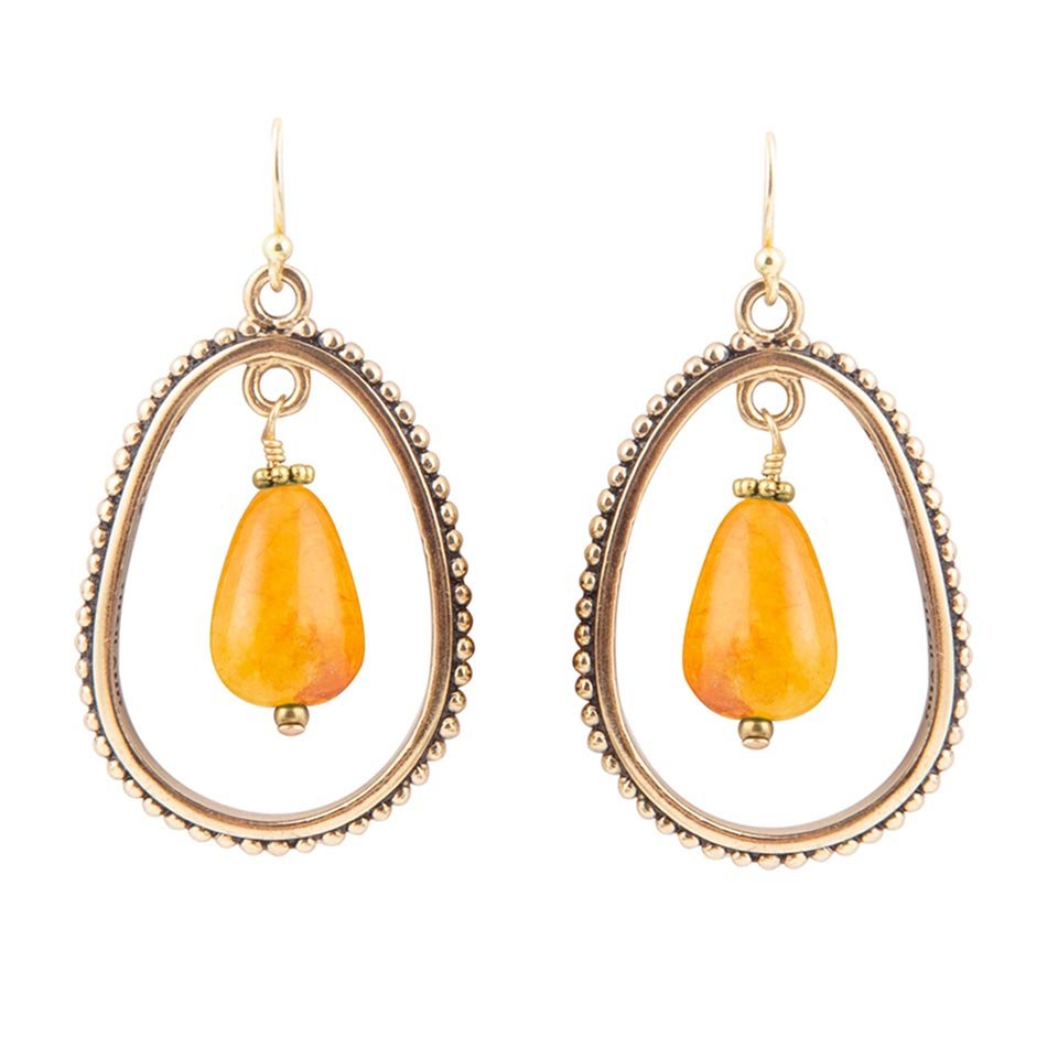 Inline Orange Jade Drop Golden Earrings
