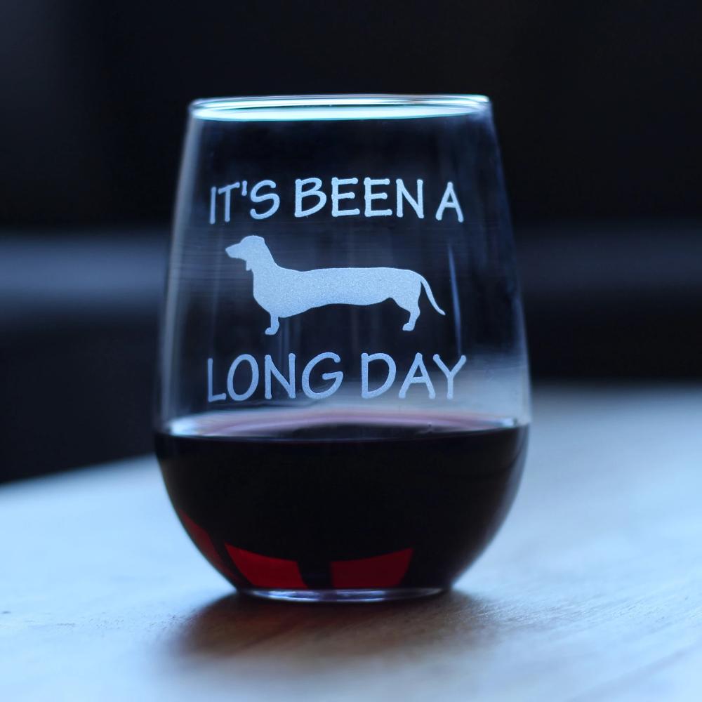 Long Day – Cute Funny Dachshund Stemless Wine Glass, Large Glasses, Etched Sayings, Gift Box