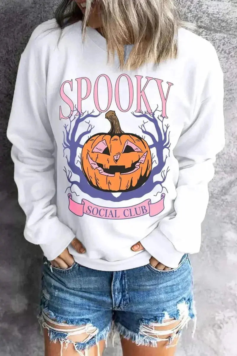Jack-O&amp;#39;-Lantern Round Neck Long Sleeve Sweatshirt