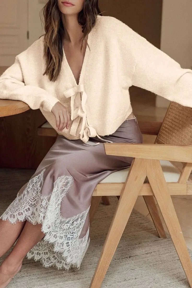 Love Salve Bowknot Cardigan Women&amp;#39;s Daily V Neck Knit Top Elegant Winter Style