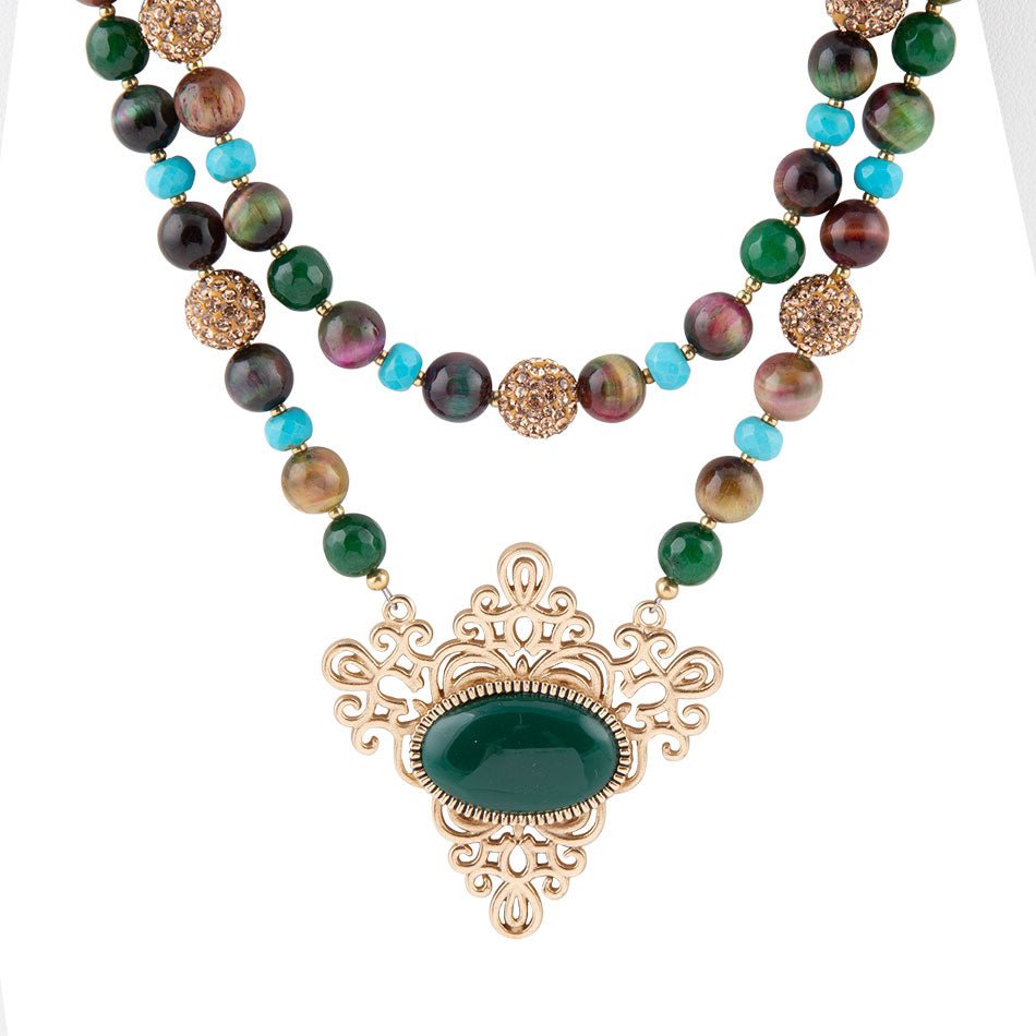 Jeweled Tyger&amp;#39;s Eye and Green Onyx Golden Pendant Necklaces