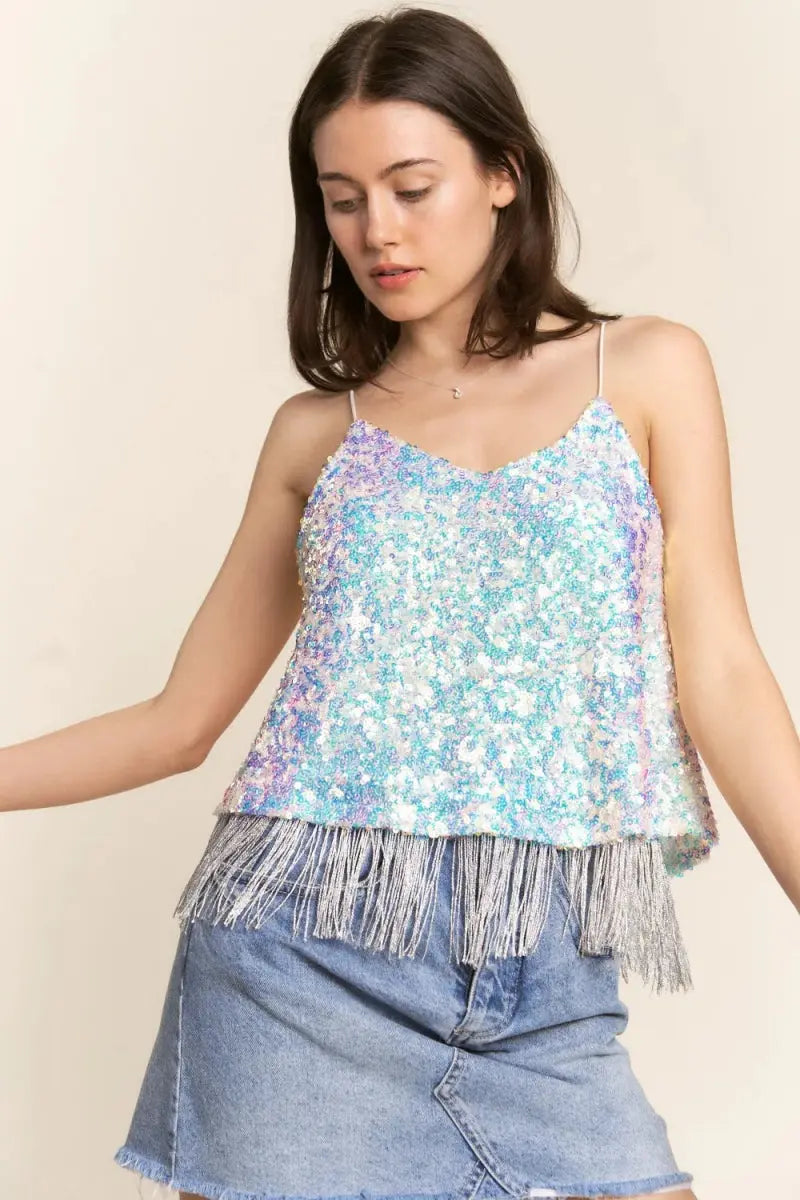 Sequin Cami Top Women&amp;#39;s Party/Club Flowy Tank Top Tassel Hem Glam