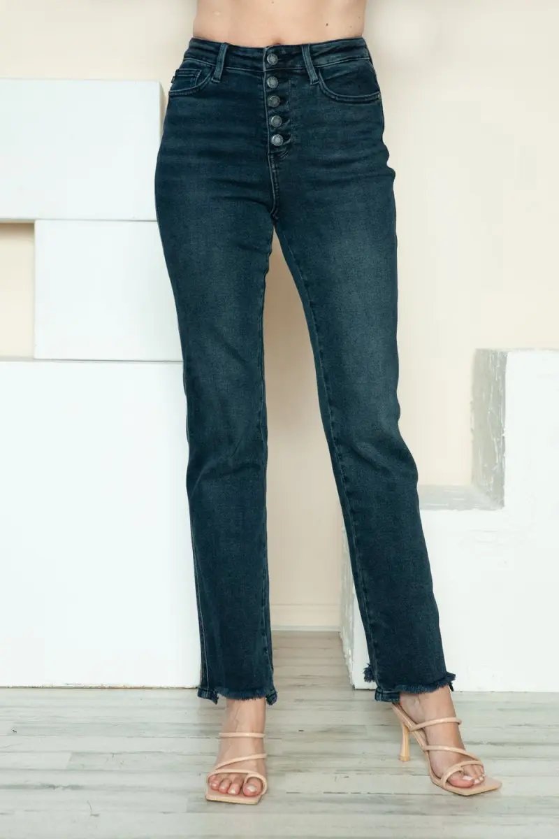 Trendsi Judy Blue Jeans + Women&amp;#39;s Everyday Wear + Straight Leg Jeans + Button Fly &amp;amp; Distressed Hem
