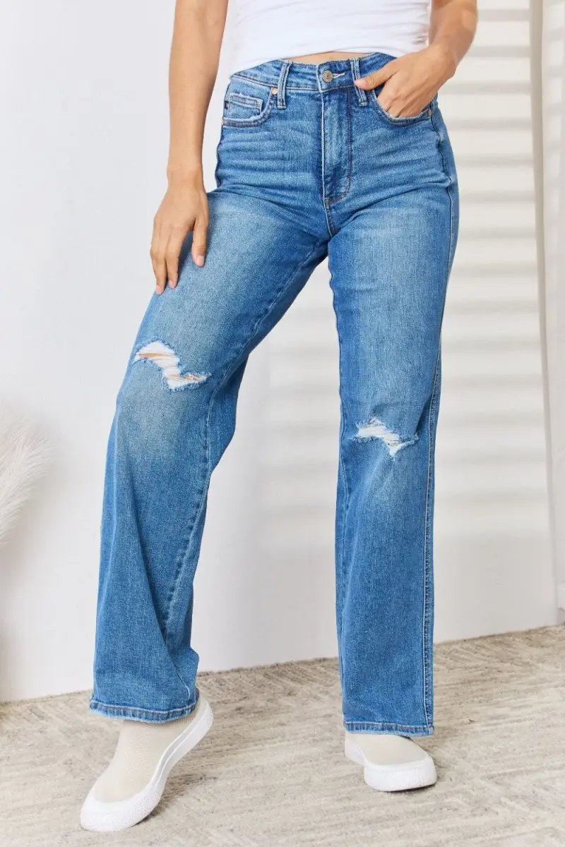 Trendsi Judy Blue Jeans + Women&amp;#39;s High Waist + Everyday Wear + Straight Leg Jeans + Distressed &amp;amp; Comfy