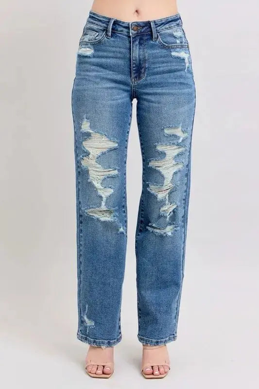 Trendsi Judy Blue High Waist Jeans + Plus Size Women&amp;#39;s + Everyday Wear + Straight Leg Denim + Heavy Destroyed
