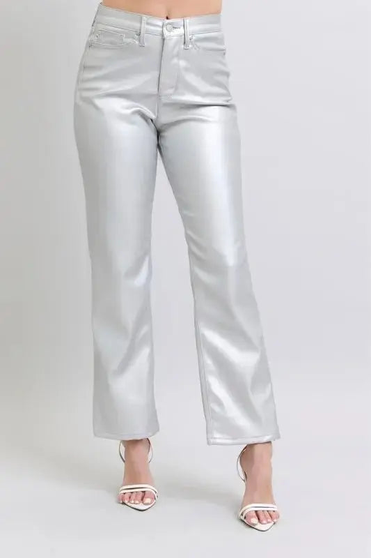 Trendsi Silver Faux Leather Pants Women&amp;#39;s Plus Size High Waist Fashion Pants