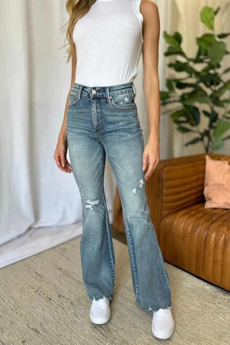 Judy Blue Flare Jeans + Women&amp;#39;s Medium Rise + Everyday Wear + Denim + Tummy Control &amp;amp; Distressed