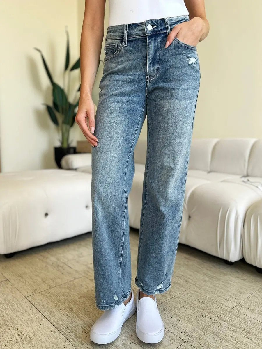 Trendsi Judy Blue Distressed Jeans + Everyday Wear + Women&amp;#39;s Jeans + Mid-Rise &amp;amp; Comfy