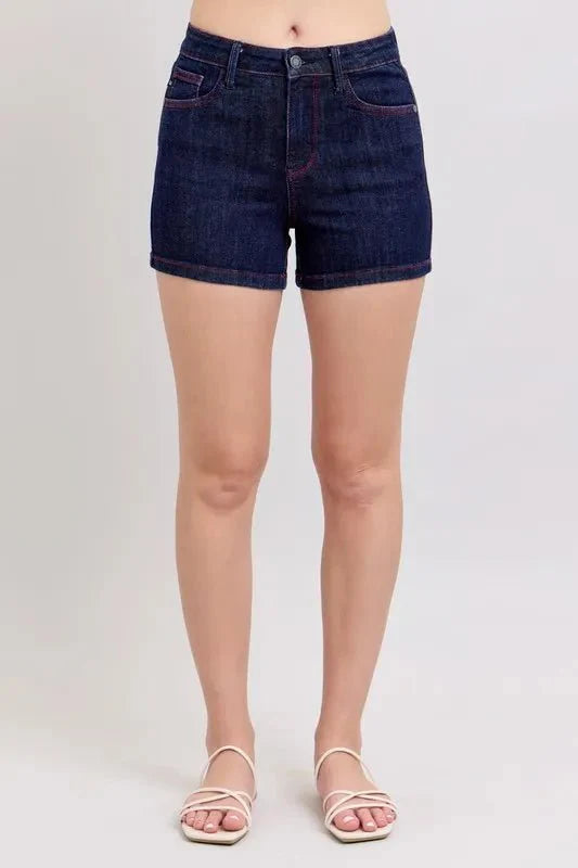 Premium Judy Blue High Waist Heart Shaped Pkts &amp;amp; Red Contrast Thread Denim Shorts