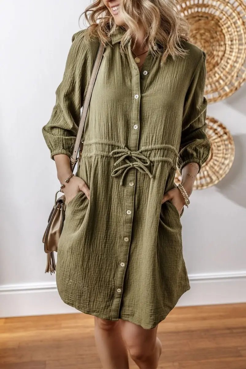 Love Salve Green Mini Dress Women&amp;#39;s Daily Wear Cotton-Linen Casual Chic Button Up