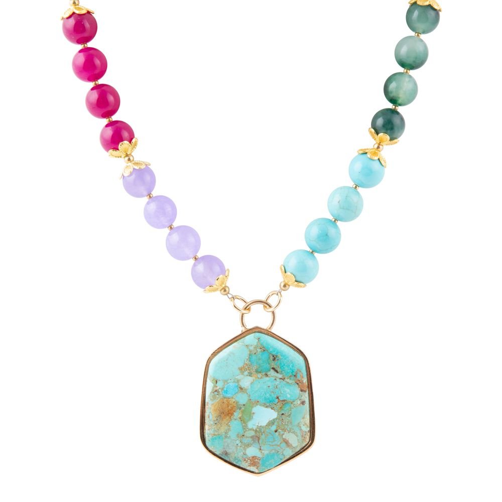 Kaleidoscope Multistone Blue Turquoise Pendant Golden Necklace