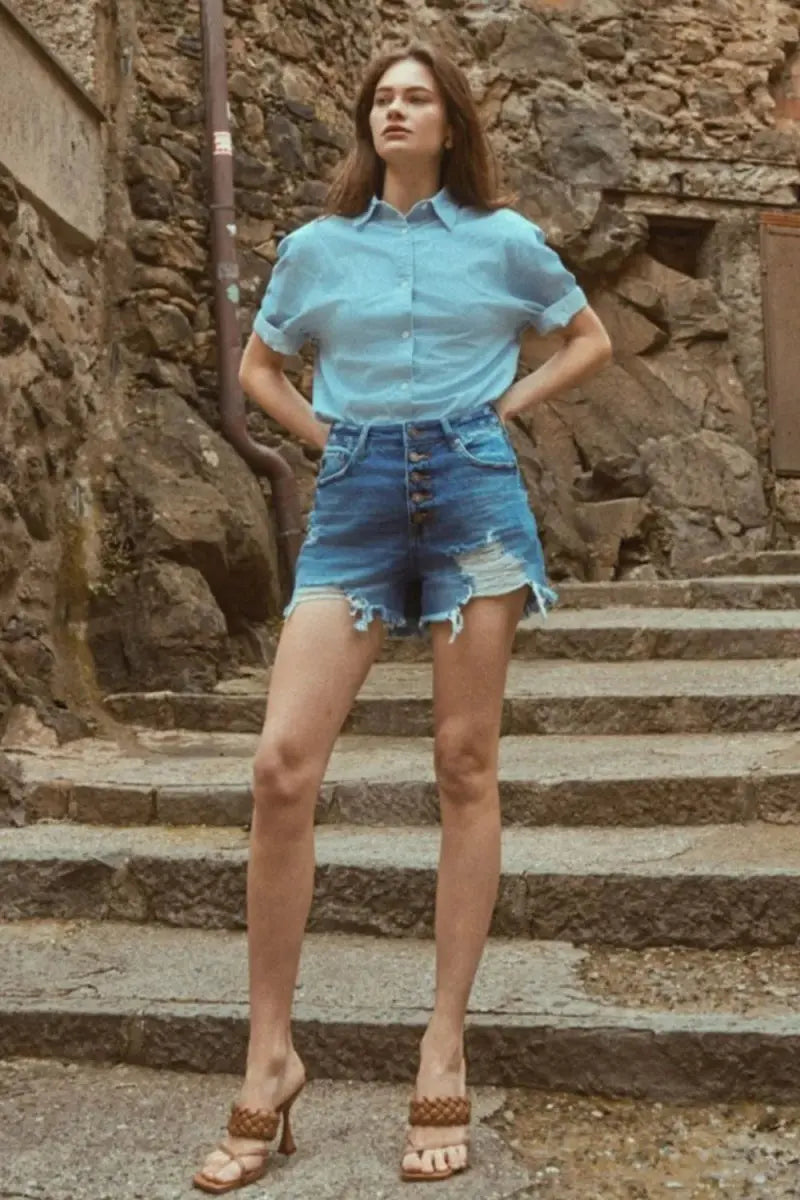 Kancan Distressed Denim Shorts Women&amp;#39;s Everyday Casual Button-Fly High Waist