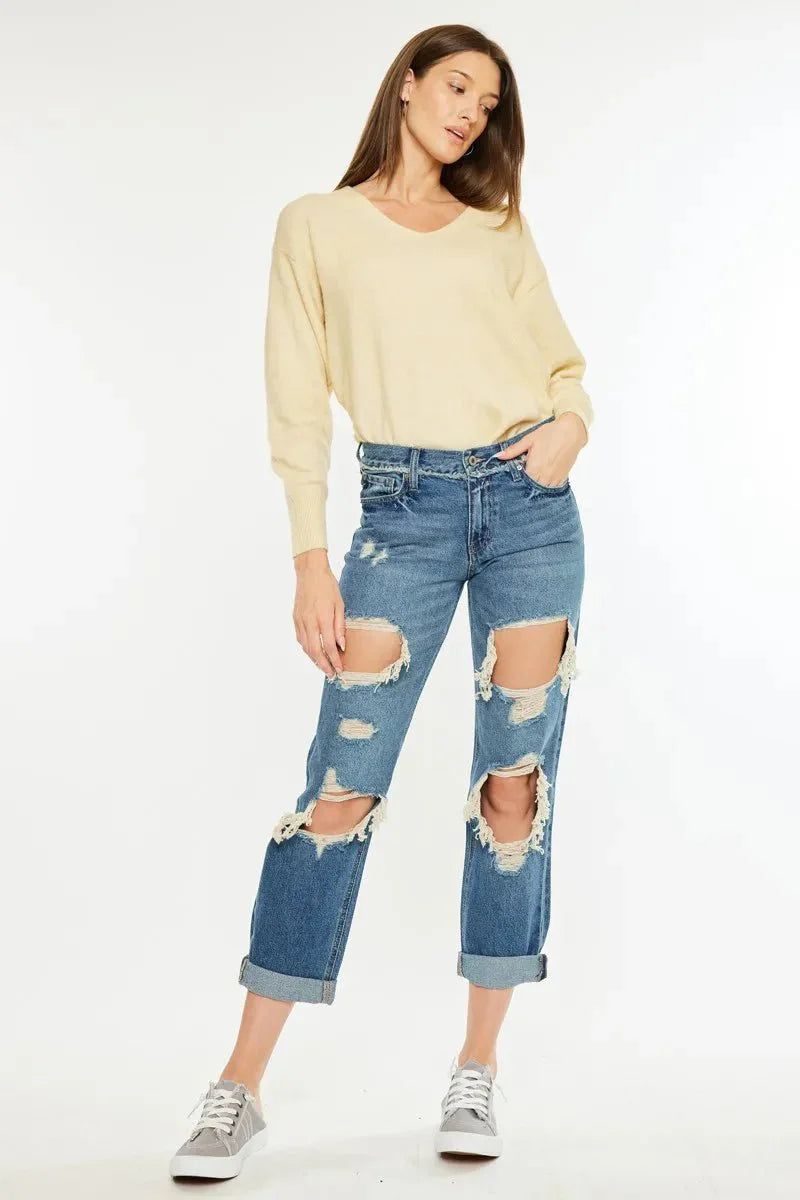 Kancan Distressed Mid Rise True Boyfriend Jeans for Women